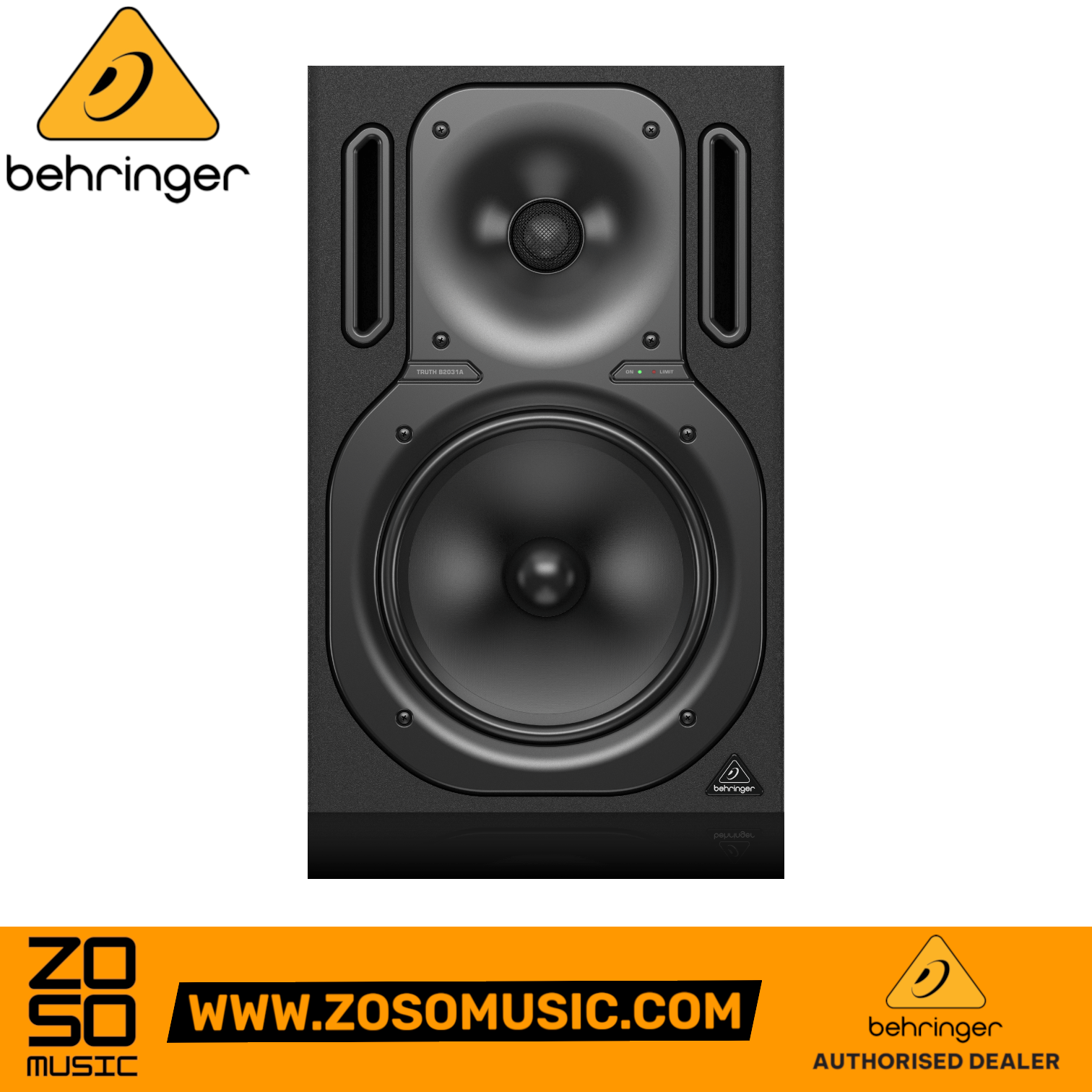 Zoso Music Behringer Truth B2031A 8.75-inch powered studio monitor with black woofer, tweeter, and ported enclosure.