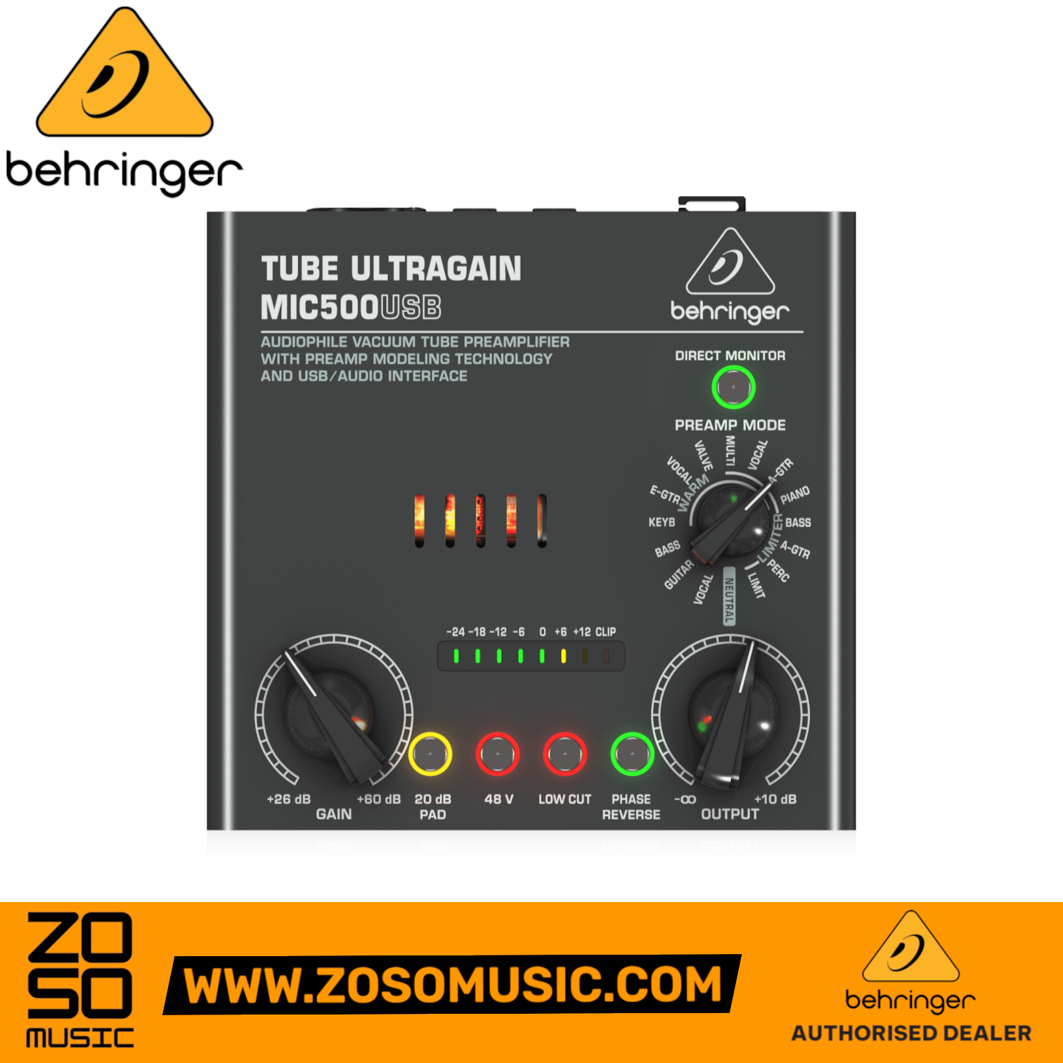 Zoso Music Behringer MIC500USB vacuum tube preamplifier with preamp mode dial and gain control knobs
