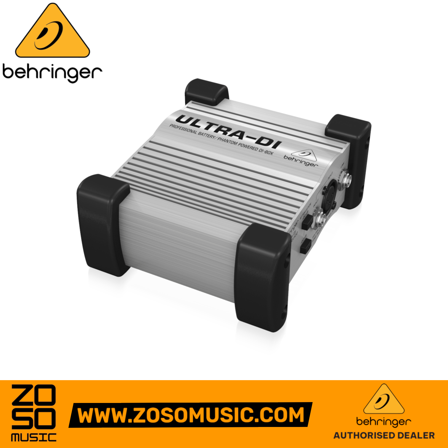 Zoso Music Behringer Ultra-DI DI100 active direct box in a silver aluminum case with black protective rubber corners.