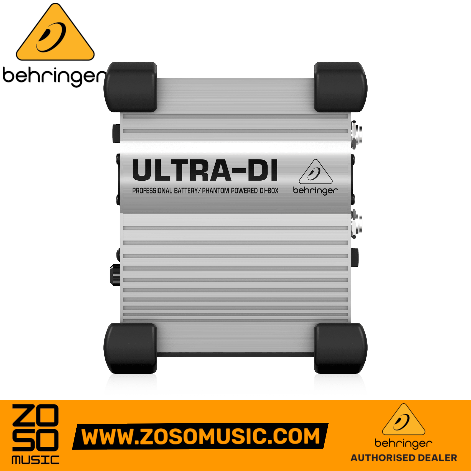 Zoso Music Behringer Ultra-DI DI100 active direct box in a rugged silver aluminum case with black rubber corners.