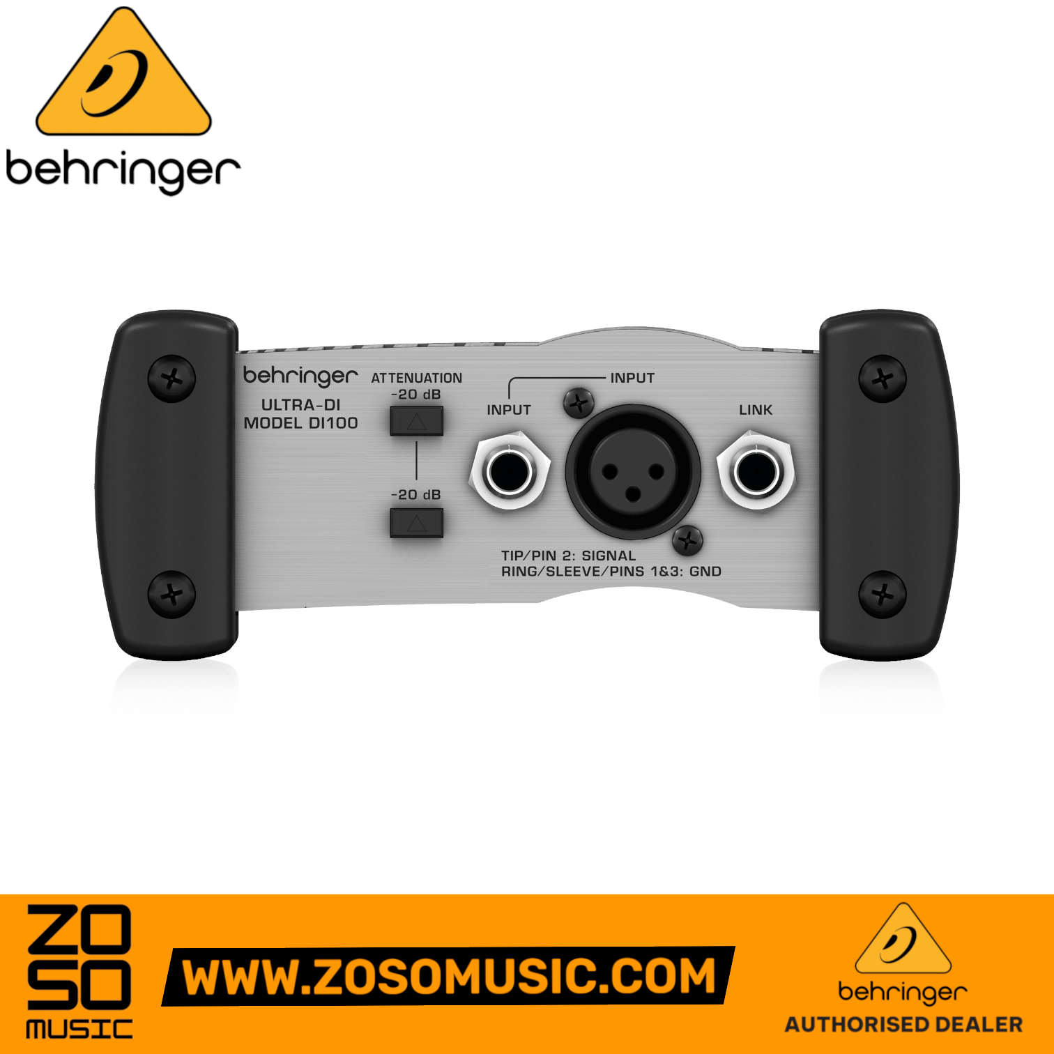 Zoso Music Behringer Ultra-DI DI100 active direct box input panel with XLR and TRS jacks and attenuation switches