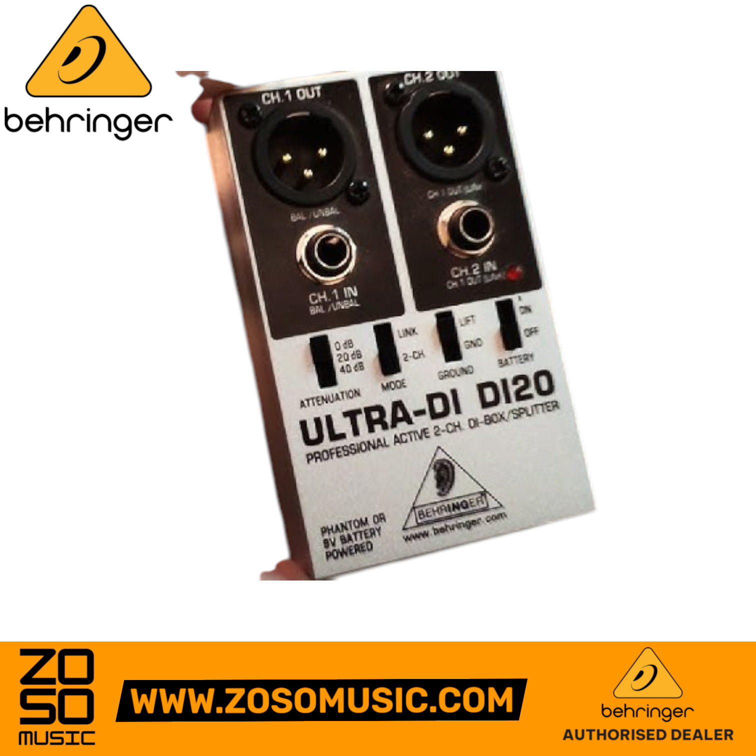 Zoso Music Behringer Ultra-DI DI20 2-channel active direct box and signal splitter in a rugged metal housing