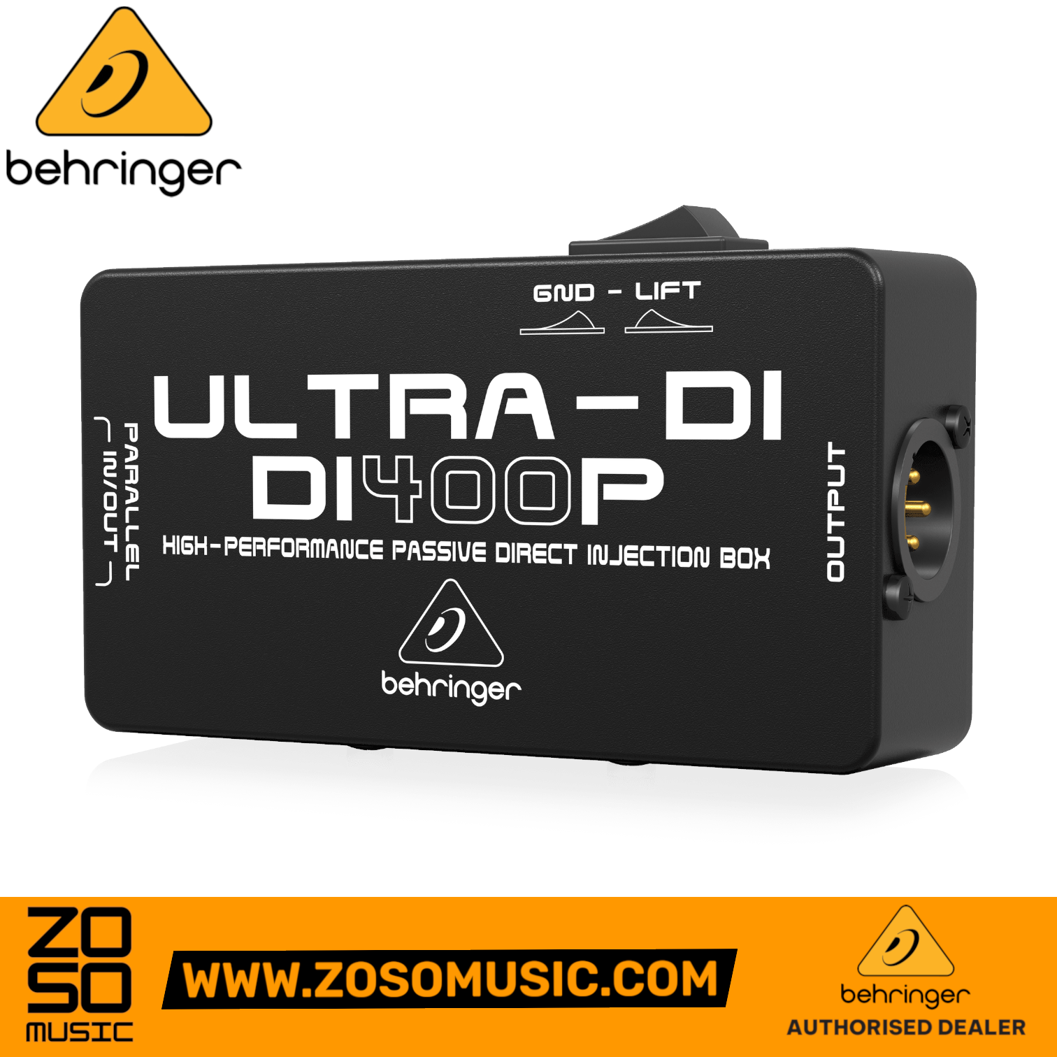 Zoso Music Behringer Ultra-DI DI400P passive direct box in a rugged black metal case with XLR and 1/4 inch inputs.