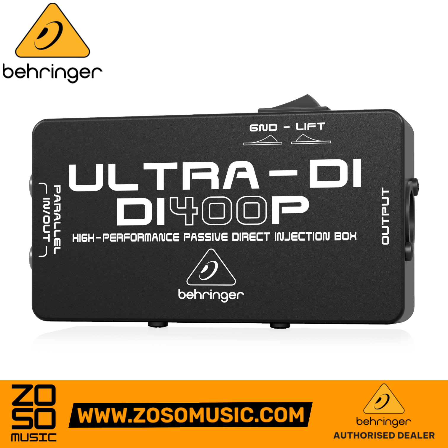 Zoso Music Behringer Ultra-DI DI400P passive direct box in a rugged black metal case with ground lift switch