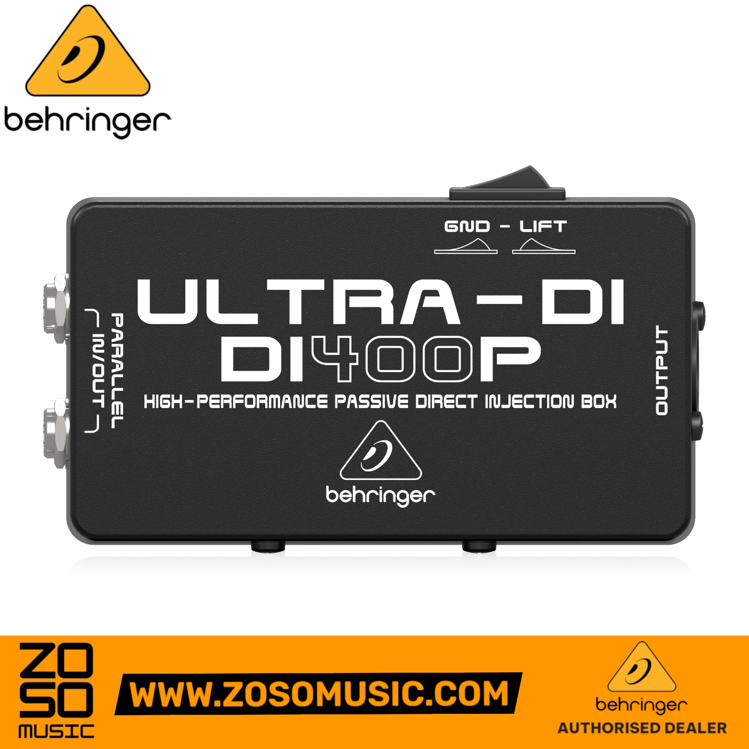 Zoso Music Behringer Ultra-DI DI400P passive direct box with ground lift switch in a rugged black metal housing.