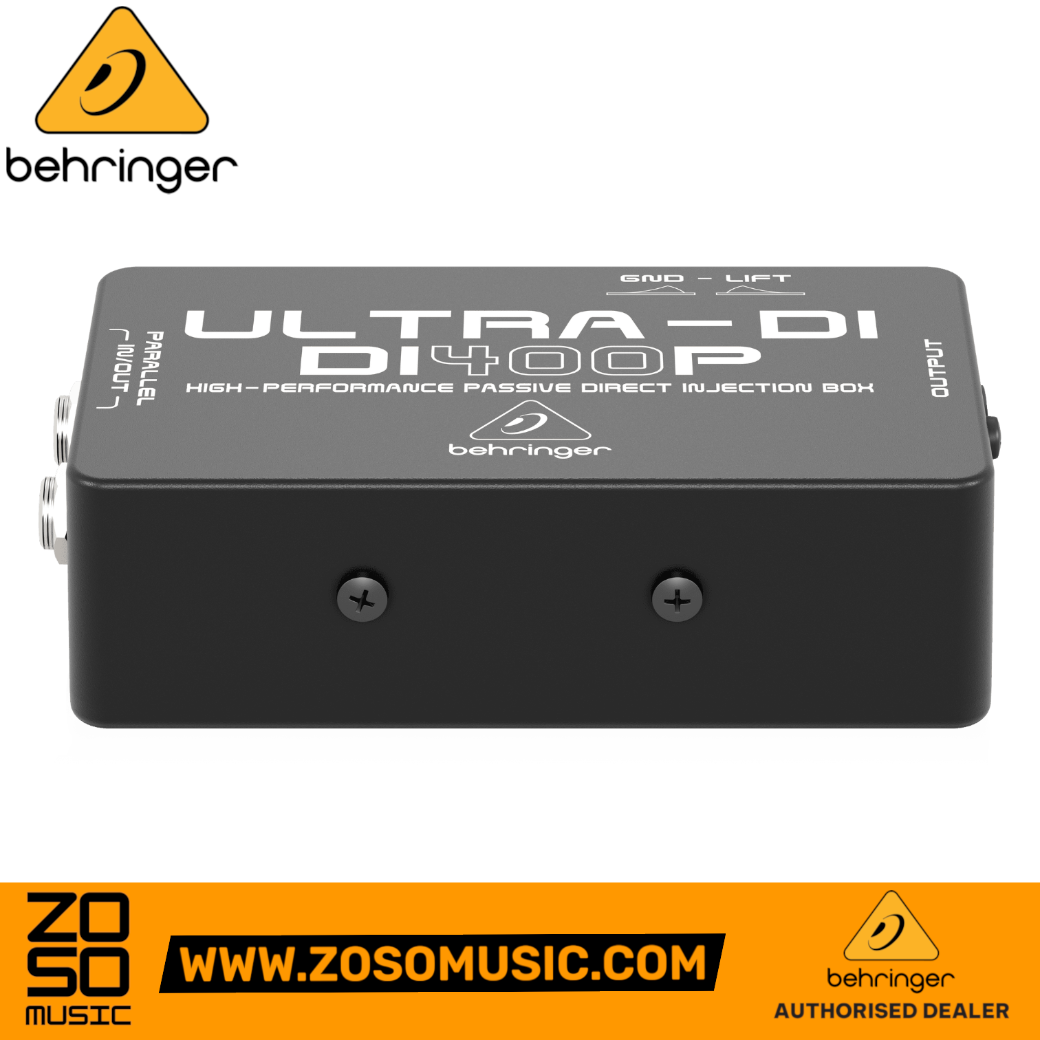 Zoso Music Behringer Ultra-DI DI400P passive direct box in a rugged black metal case with ground lift switch