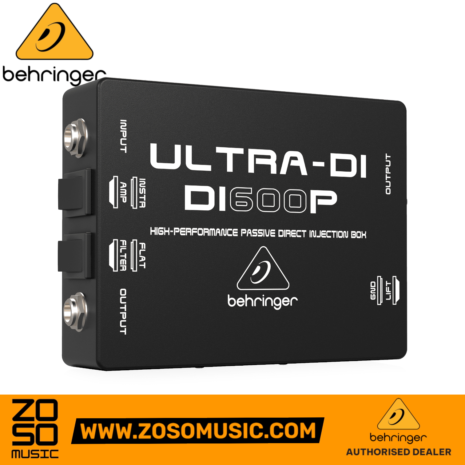 Zoso Music Behringer Ultra-DI DI600P passive direct box with input, output, and ground lift switches in black