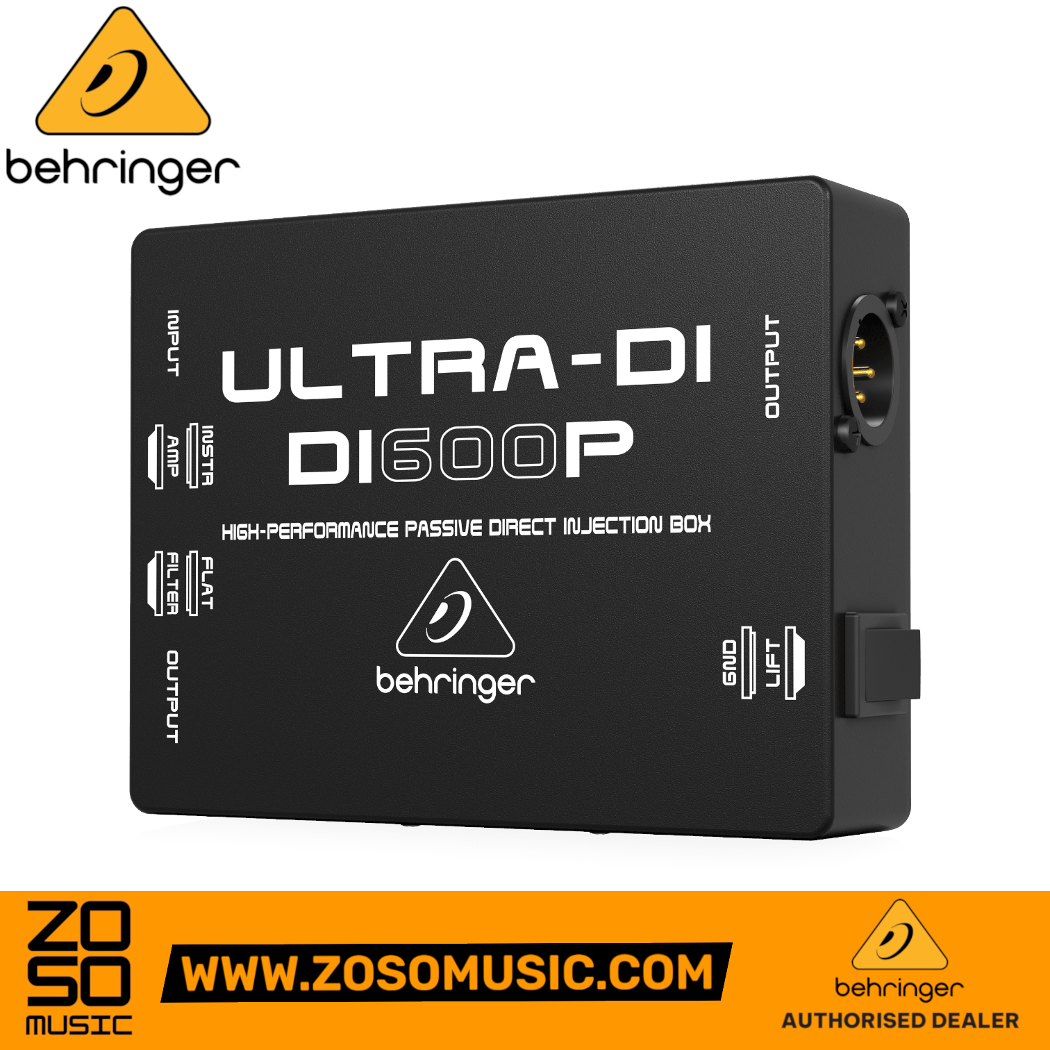 Zoso Music Behringer Ultra-DI DI600P passive direct injection box in black with input and output ports
