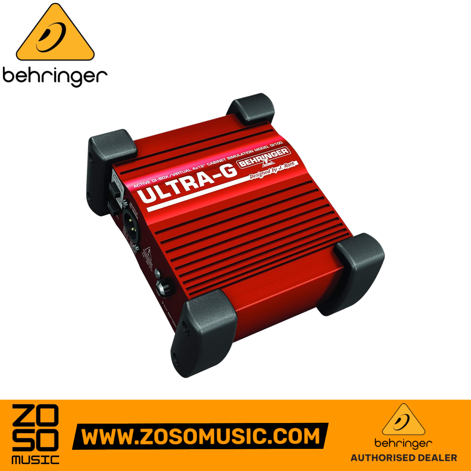 Zoso Music Behringer Ultra-G GI100 active DI box with red aluminum casing and 4x12 cabinet simulation