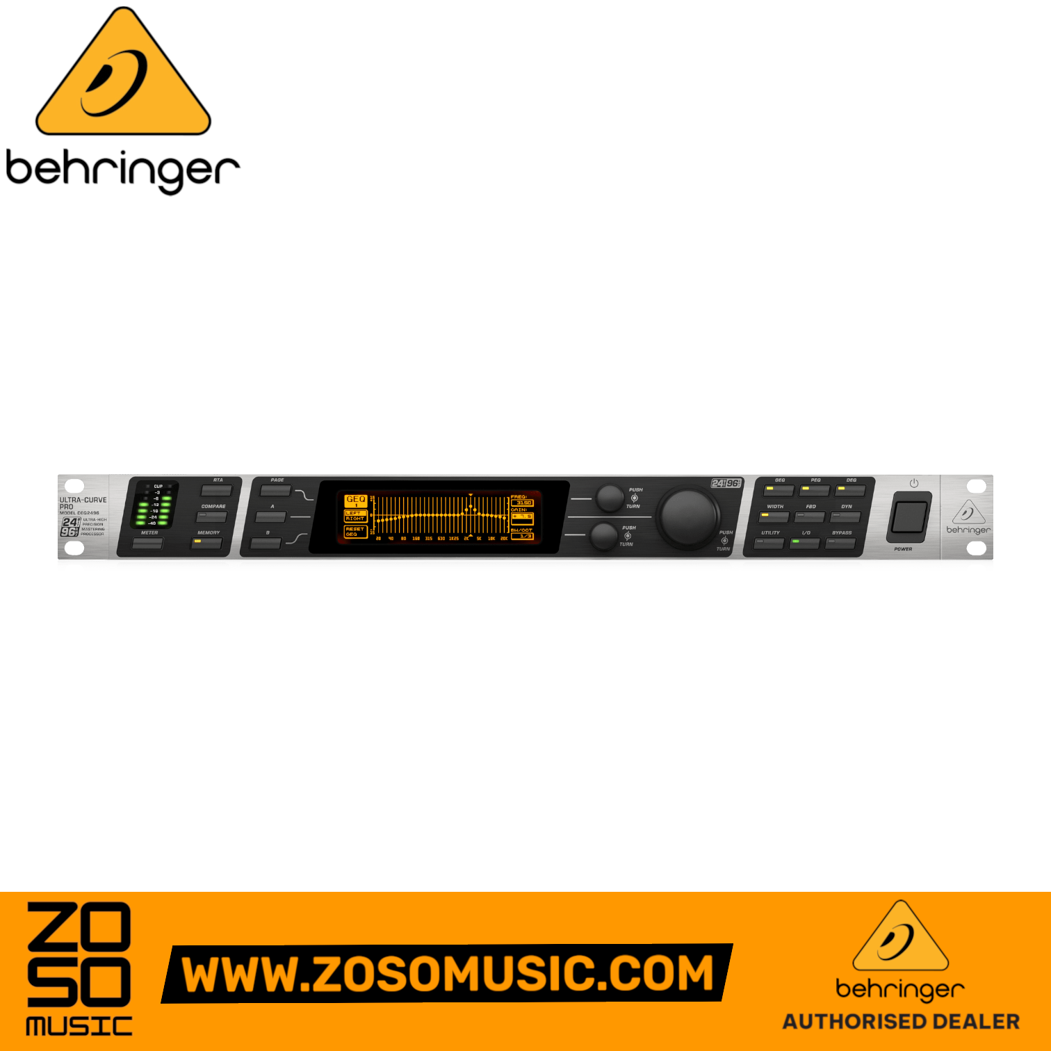 Zoso Music Behringer Ultracurve Pro DEQ2496 digital graphic equalizer rack unit with orange LCD display
