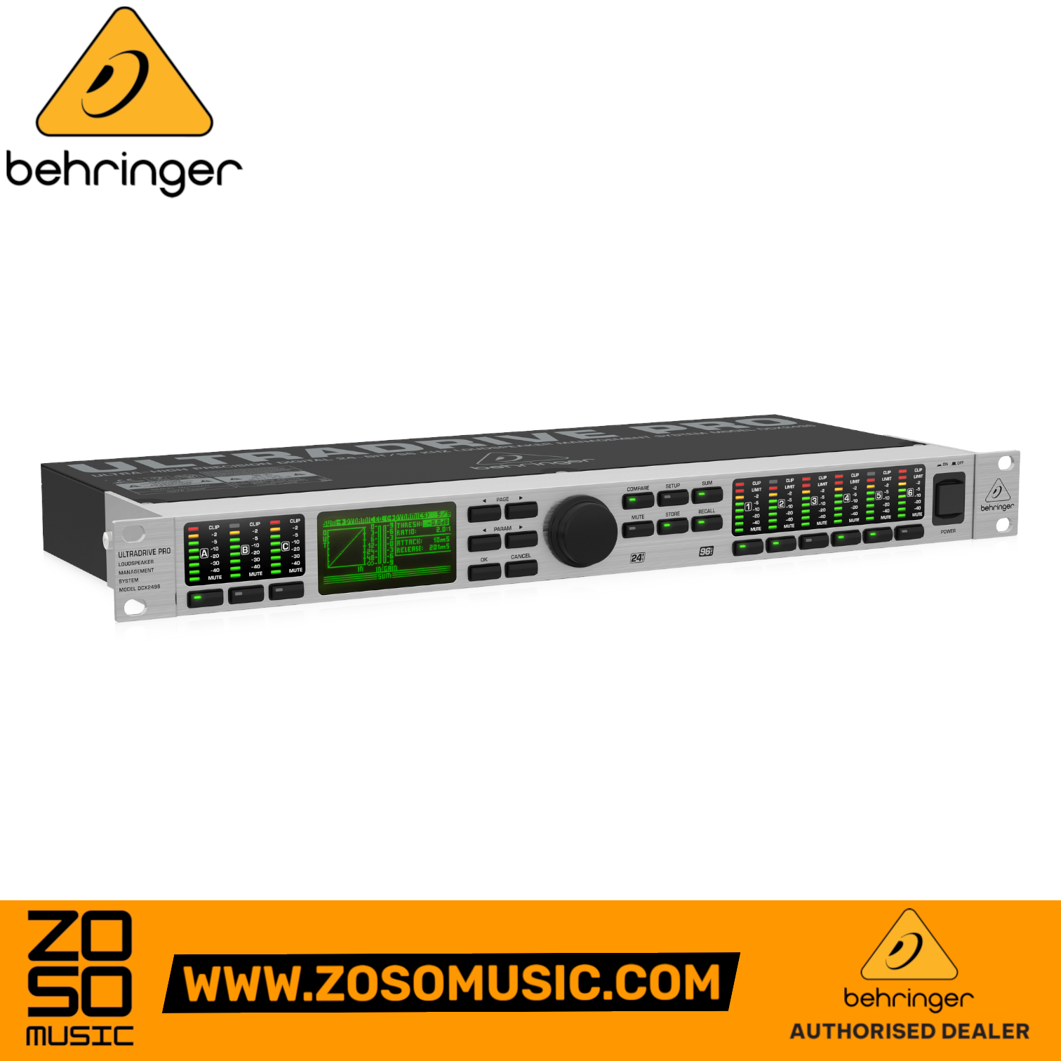 Zoso Music Behringer Ultra-Drive Pro DCX2496 loudspeaker management system with digital display and XLR inputs