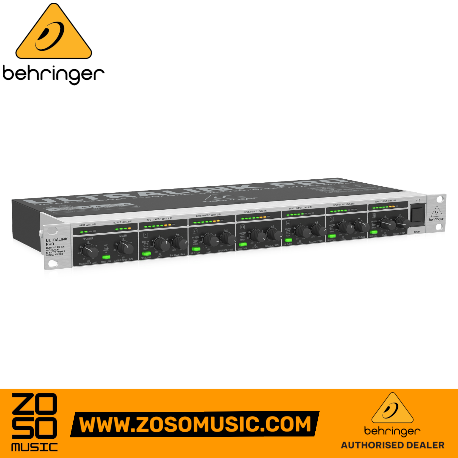 Zoso Music Behringer Ultralink PRO MX882 V2 8-channel rackmount mixer and splitter with level meters and knobs