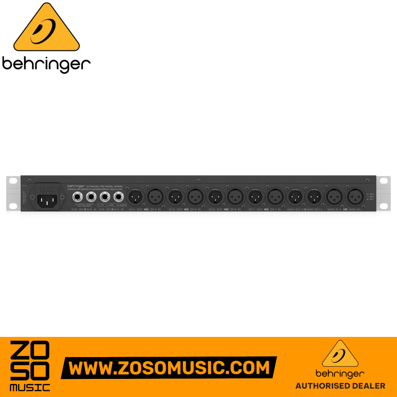 Zoso Music Behringer Ultralink PRO MX882 V2 rackmount mixer and splitter rear panel with XLR and 1/4 inch inputs