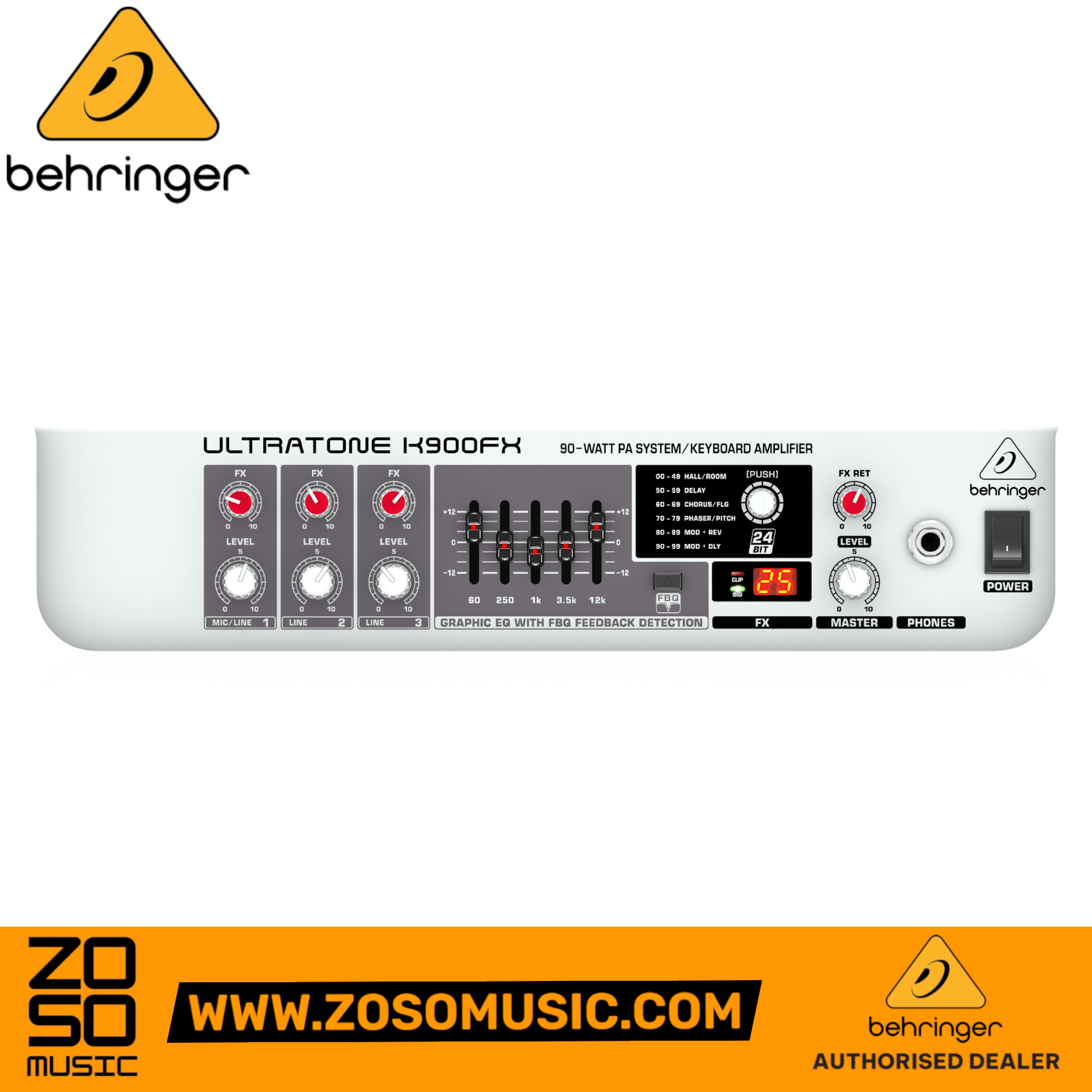 Zoso Music Behringer Ultratone K900FX keyboard amplifier control panel with EQ, effects, and input level knobs.