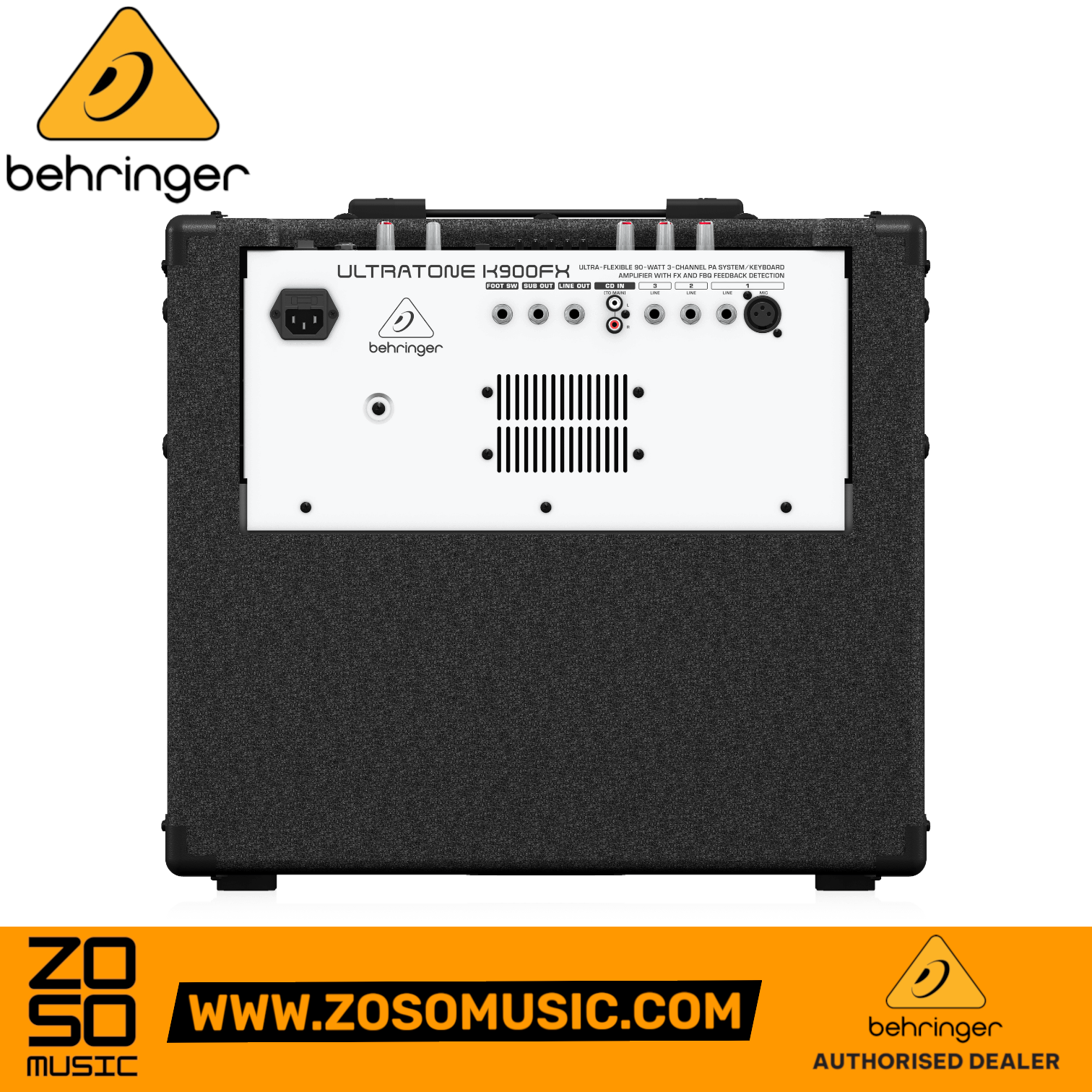Zoso Music Behringer Ultratone K900FX keyboard amplifier rear panel showing input and output connections