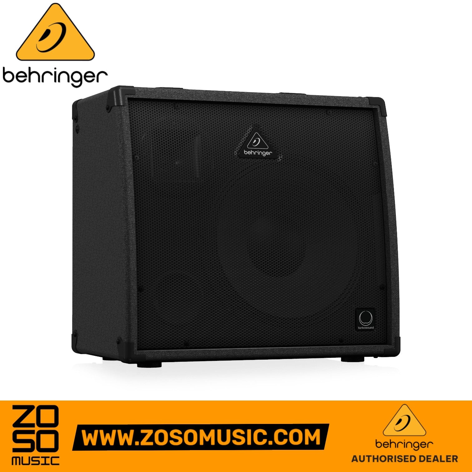 Zoso Music Behringer Ultratone KXD-12 600-Watt keyboard amplifier with a 12-inch Turbosound speaker in black finish.
