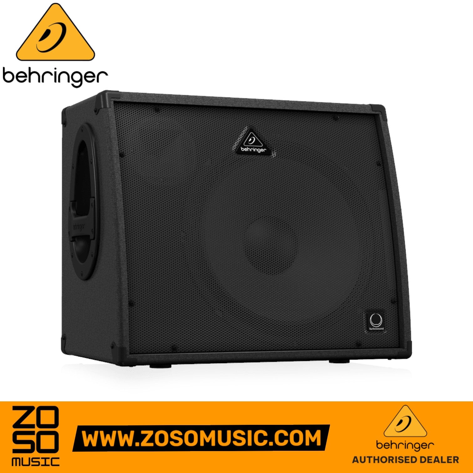 Zoso Music Behringer Ultratone KXD-15 600-watt keyboard amplifier with a 15-inch Turbosound speaker in black.
