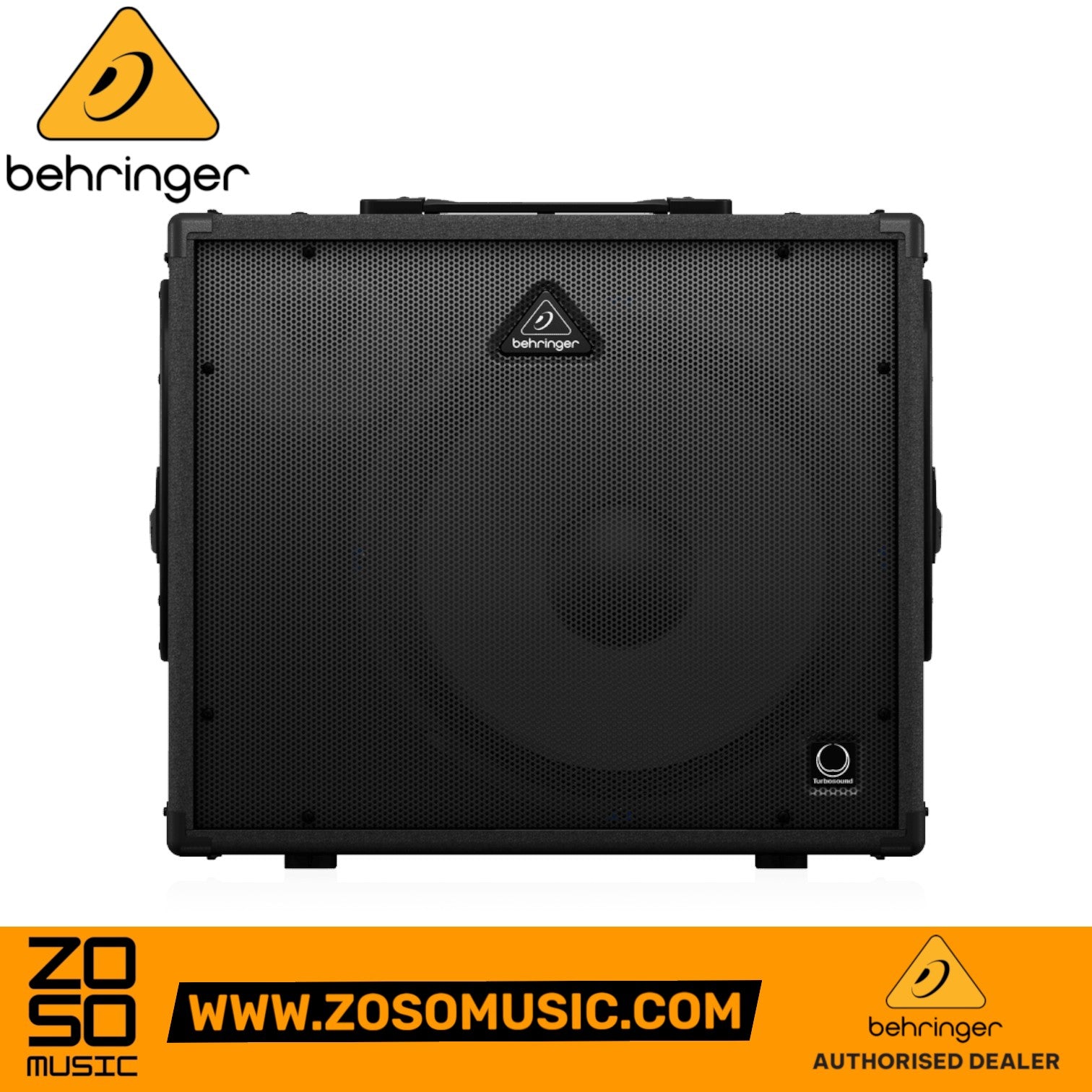Zoso Music Behringer Ultratone KXD-15 600-watt keyboard amplifier with black metal grille and Turbosound speaker
