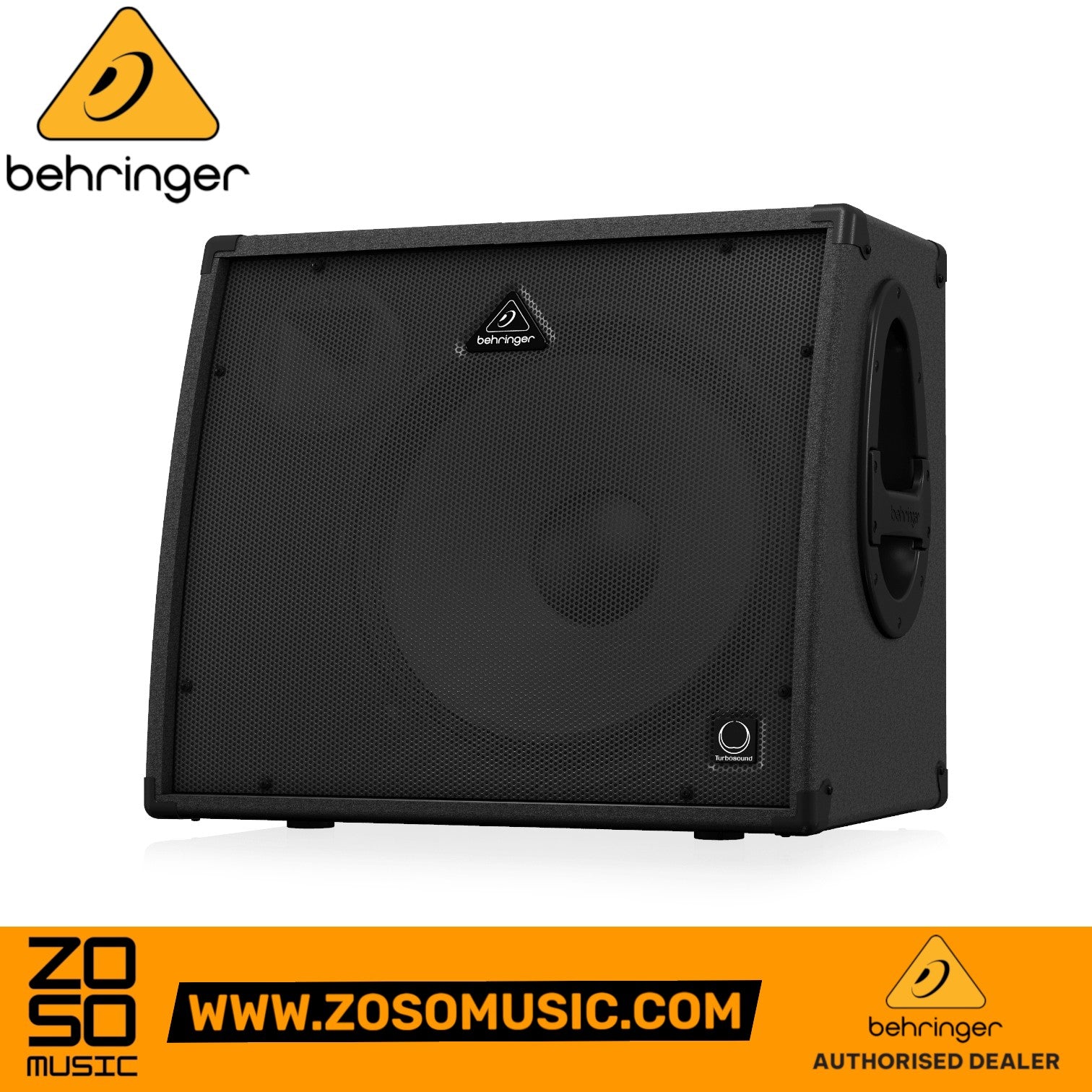 Zoso Music Behringer Ultratone KXD-15 600-watt keyboard amplifier with a 15-inch Turbosound speaker in a black cabinet.