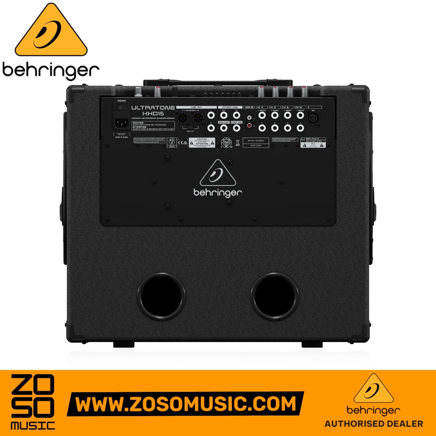 Zoso Music Behringer Ultratone KXD-15 keyboard amplifier rear panel showing input and output ports