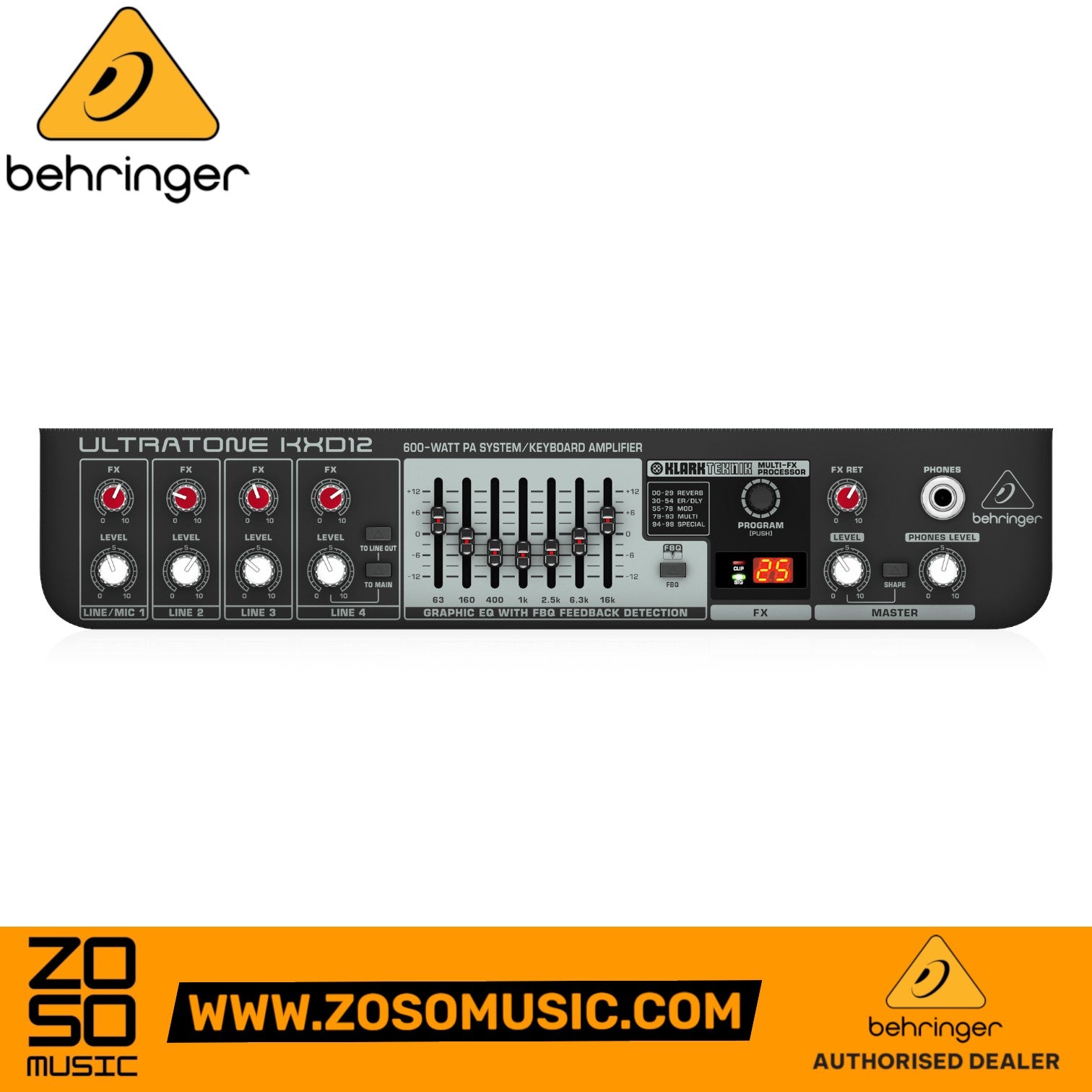 Zoso Music Behringer Ultratone KXD12 keyboard amplifier control panel with 4-channel mixer and graphic EQ
