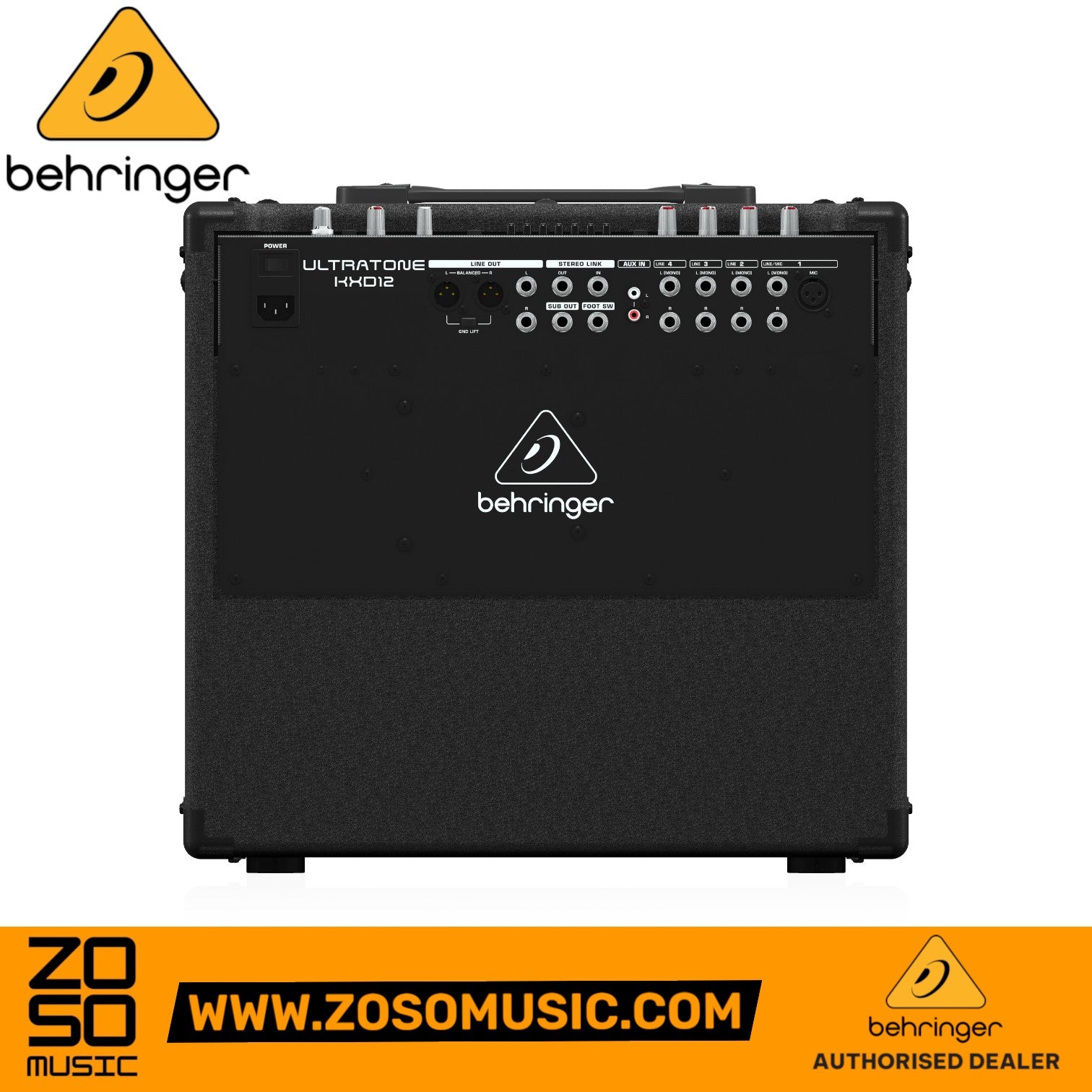 Zoso Music Behringer Ultratone KXD-12 keyboard amplifier rear panel showing input and output connectivity ports