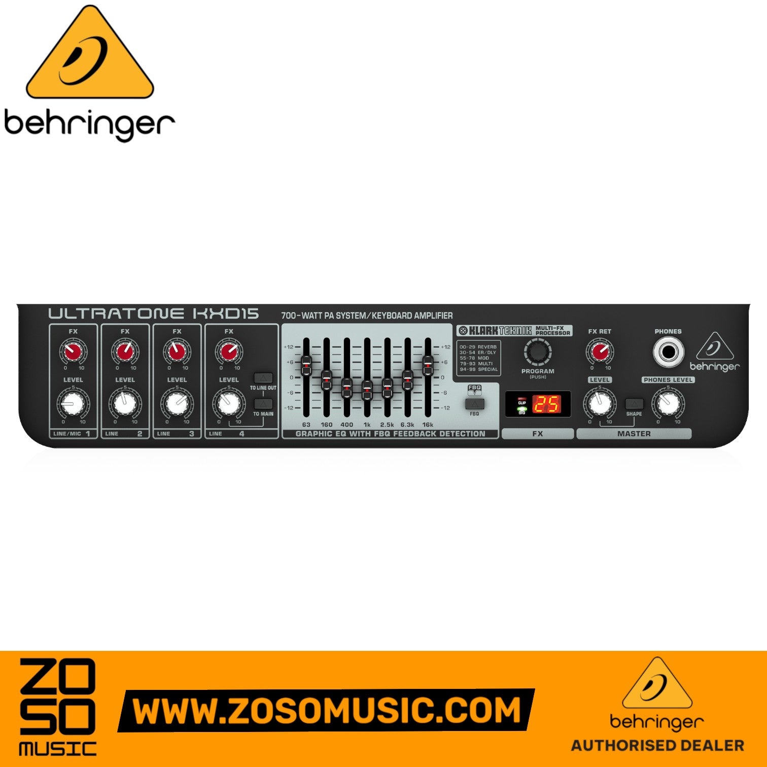 Zoso Music Behringer Ultratone KXD15 keyboard amplifier control panel with 4-channel mixer and graphic EQ