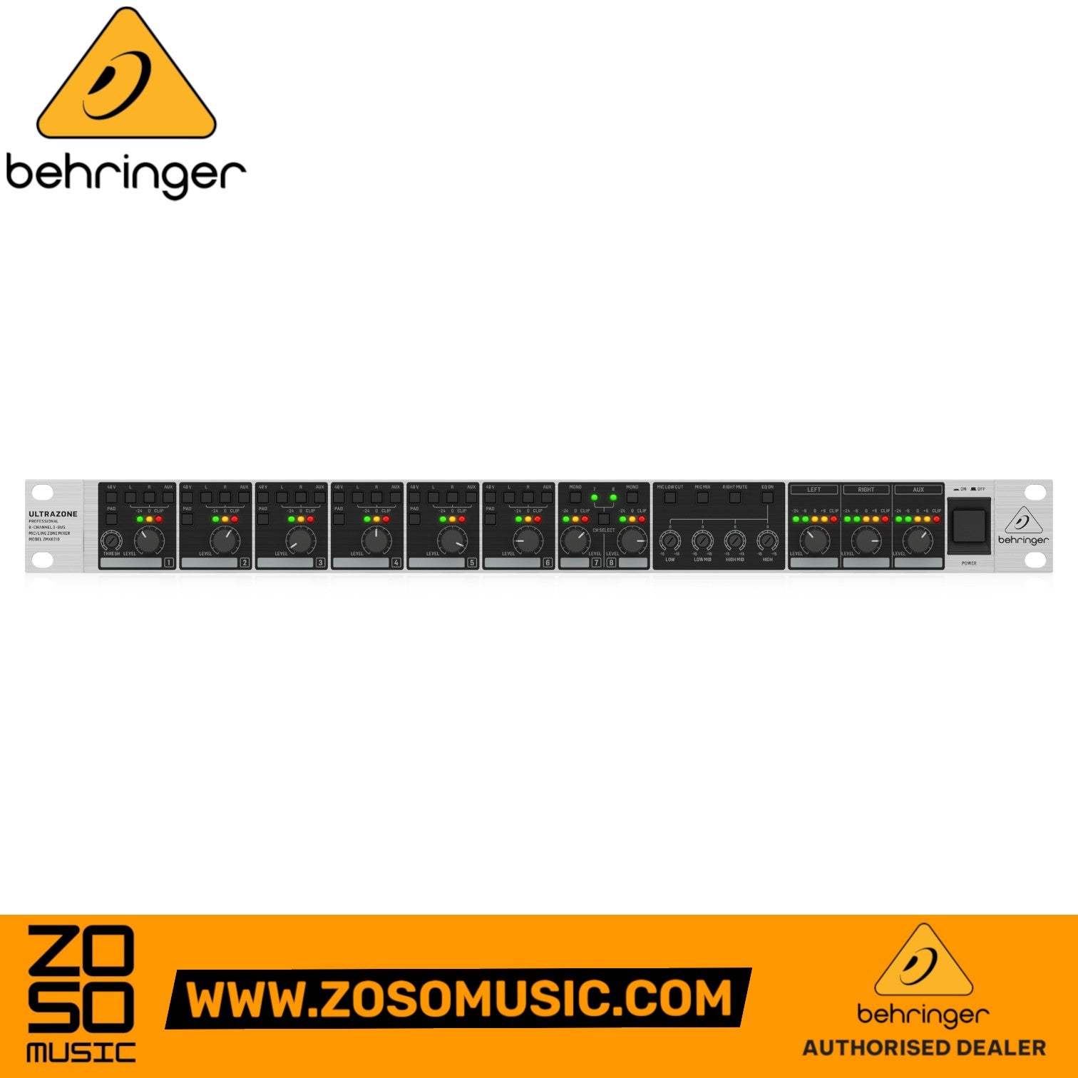 Zoso Music Behringer Ultrazone ZMX8210 V2 rackmount zone mixer with 8 input channels and 3 assignable outputs.