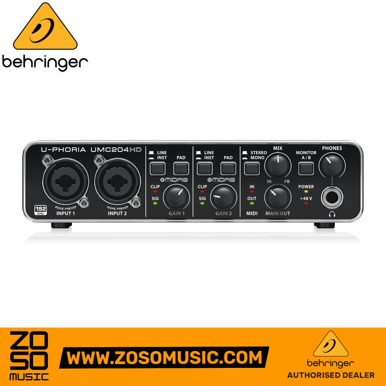 Zoso Music Behringer U-Phoria UMC-204HD audio interface with two MIDAS mic preamps and 24-bit 192kHz recording