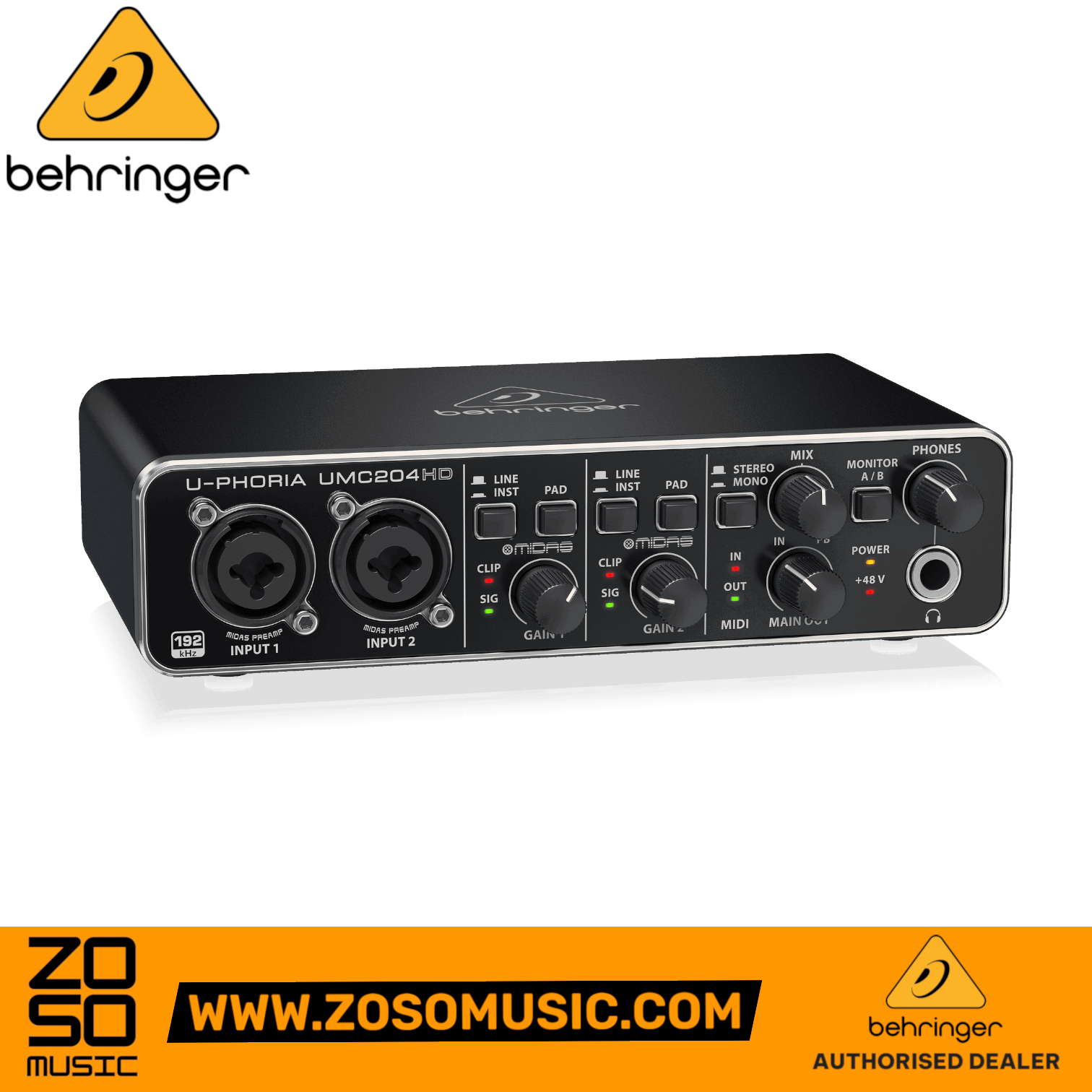 Zoso Music Behringer U-Phoria UMC-204HD 2-channel USB audio interface with MIDAS preamps and MIDI connectivity
