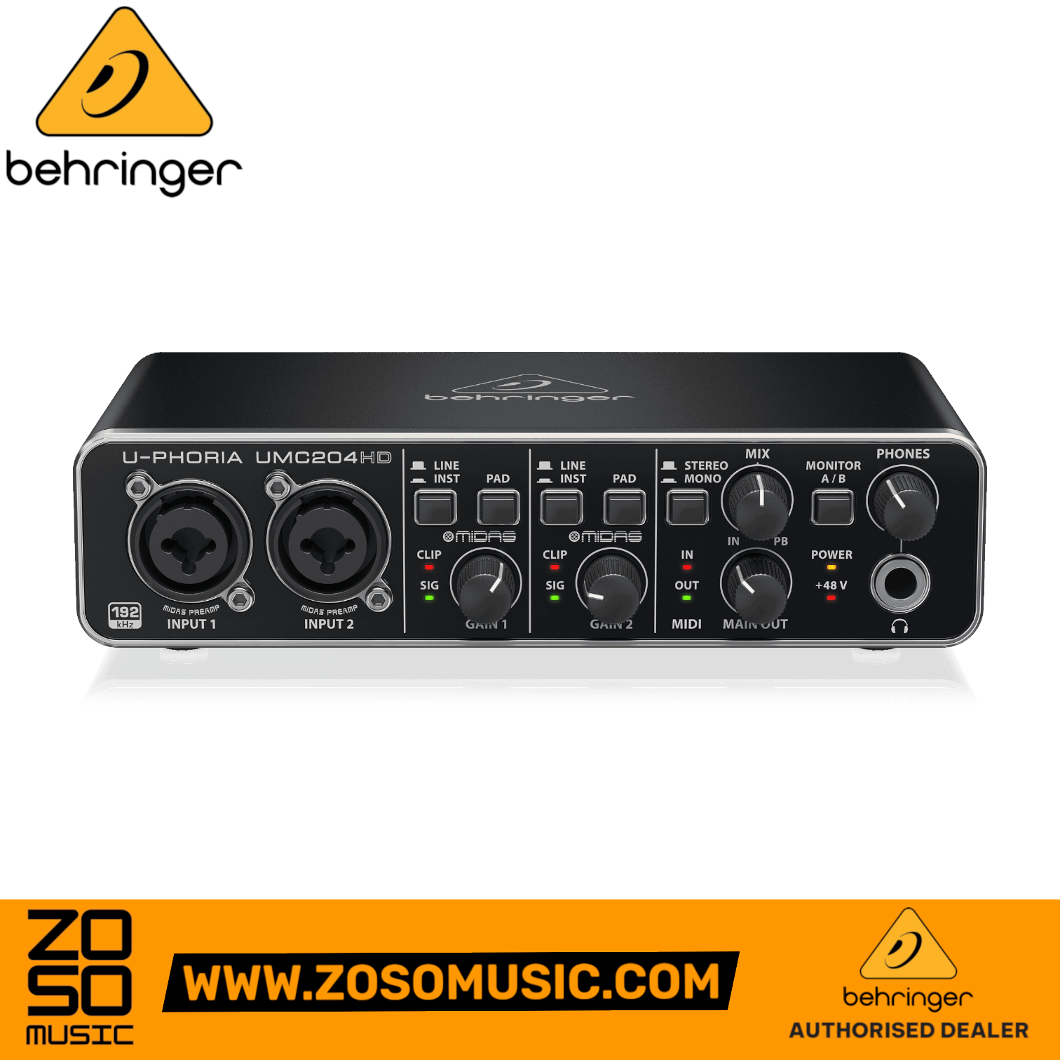 Zoso Music Behringer U-Phoria UMC-204HD 2-channel USB audio interface with MIDAS preamps and 24-bit/192kHz resolution.