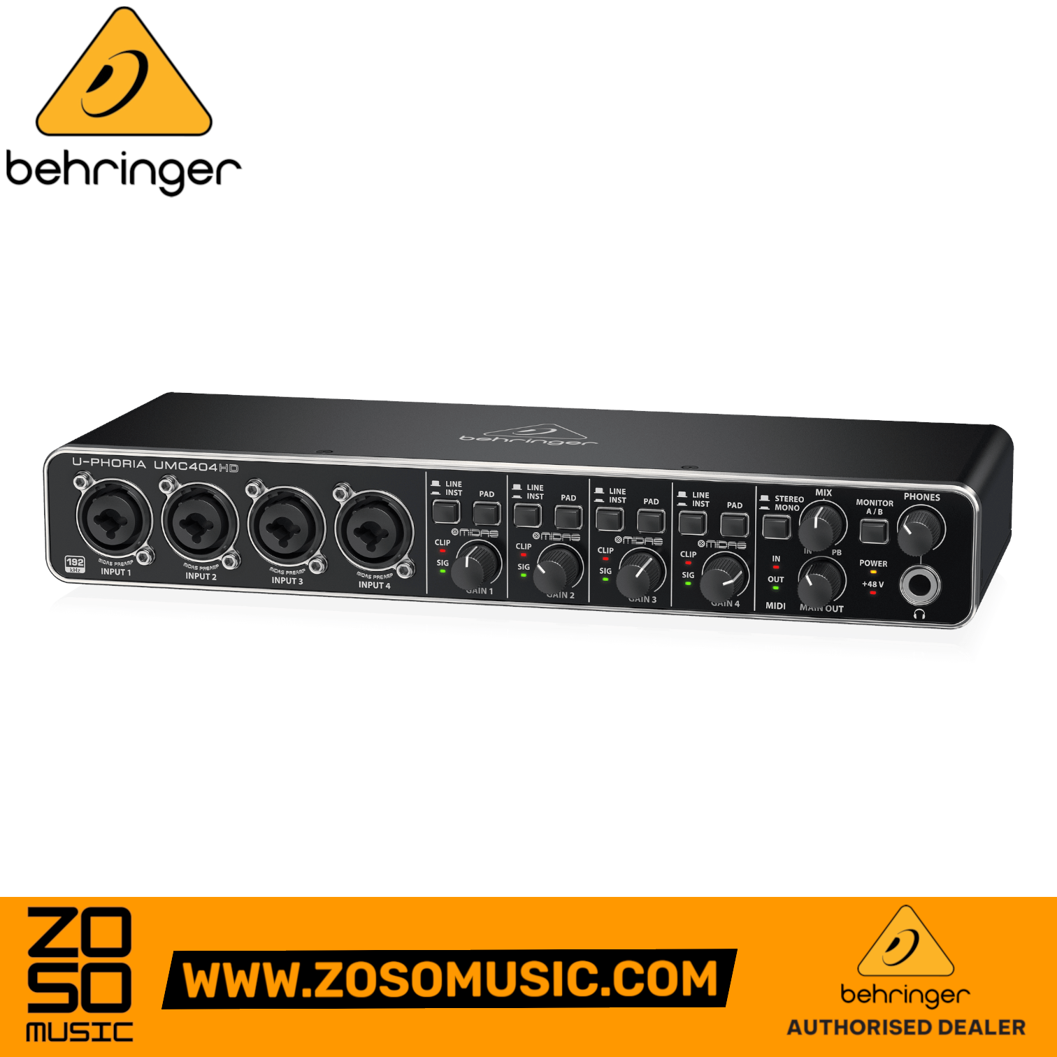Zoso Music Behringer U-Phoria UMC-404HD audio interface with four MIDAS preamps and 24-bit/192kHz resolution