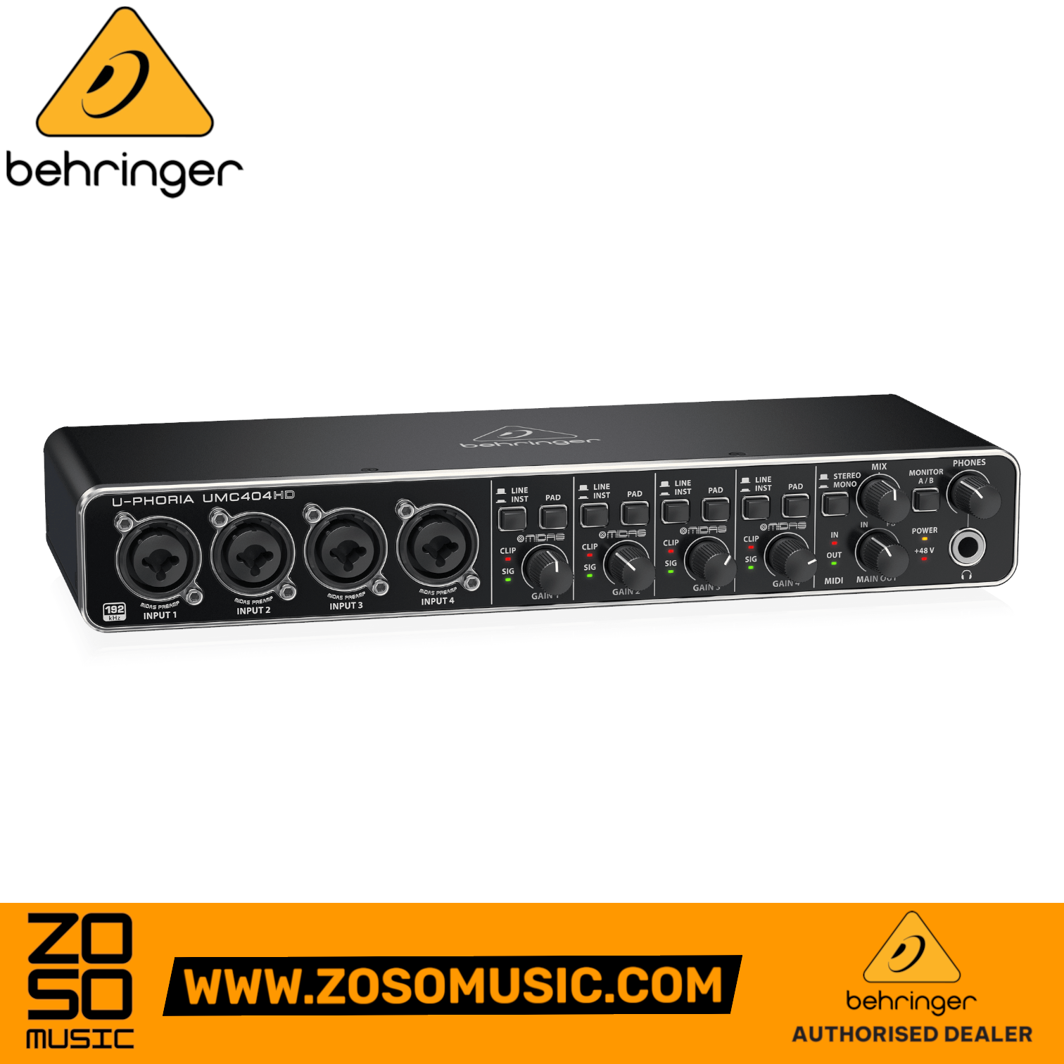 Zoso Music Behringer U-Phoria UMC-404HD 4-channel USB audio interface with MIDAS preamps and 24-bit/192kHz resolution.