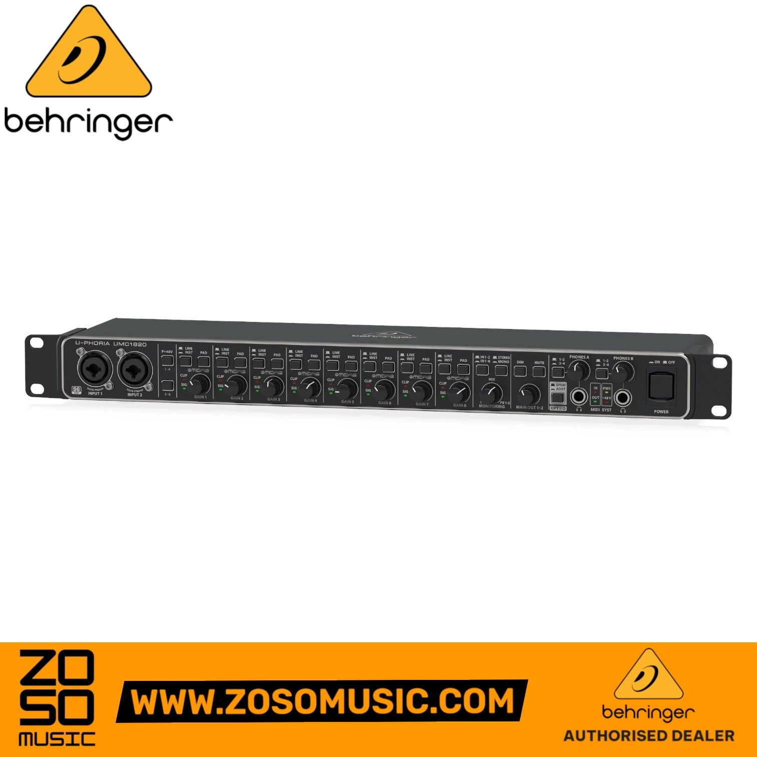 Zoso Music Behringer U-Phoria UMC1820 rackmount USB audio interface with 8 Midas-designed mic preamps and front controls