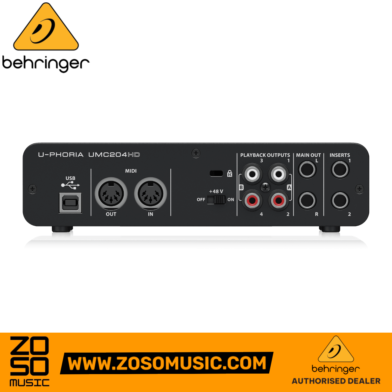 Zoso Music Behringer U-Phoria UMC204HD audio interface rear panel showing MIDI, USB, and RCA output ports