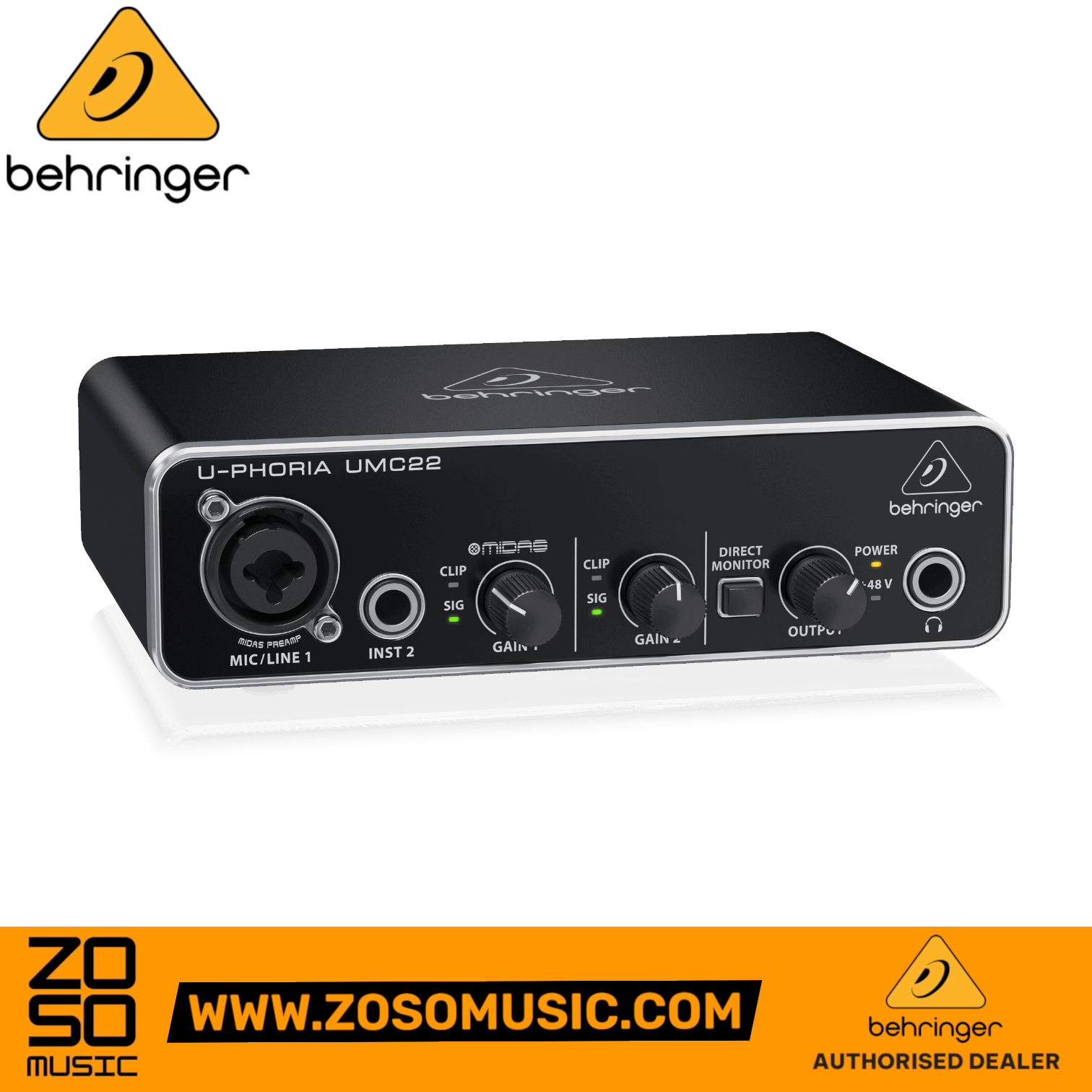 Zoso Music Behringer UMC22 2x2 USB audio interface with Midas preamp in a compact black metal chassis