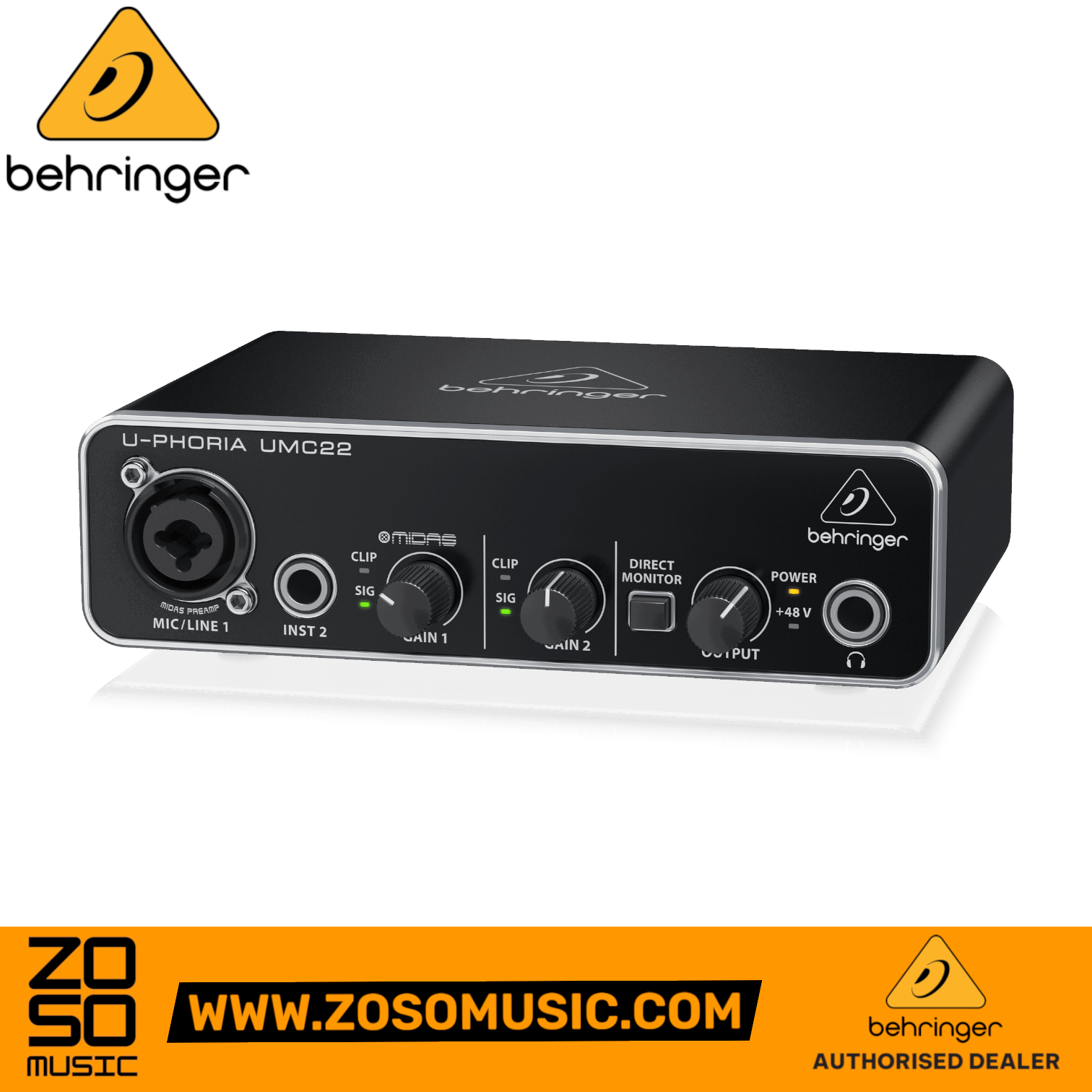 Zoso Music Behringer U-PHORIA UMC22 2x2 USB audio interface with Midas mic preamp in a black metal chassis