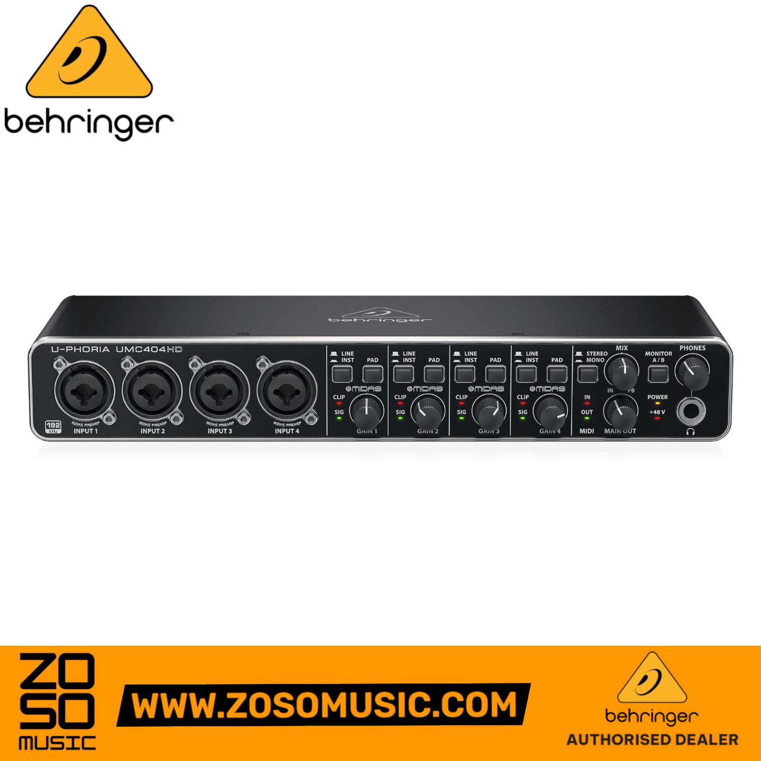 Zoso Music Behringer U-Phoria UMC404HD 4-channel USB audio interface with MIDAS preamps and 24-bit/192kHz resolution.