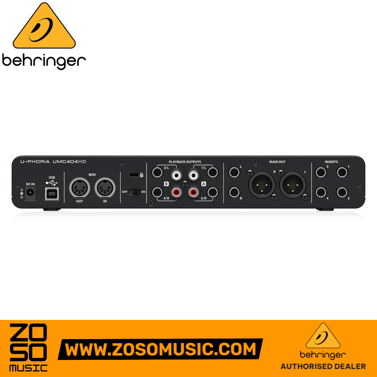 Zoso Music Behringer U-Phoria UMC404HD audio interface rear panel showing MIDI, USB, and multiple analog output ports.