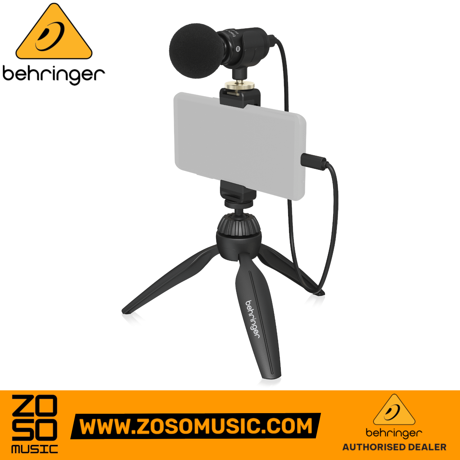 Zoso Music Behringer GO VIDEO KIT featuring a black condenser microphone, smartphone clamp, and tripod stand.