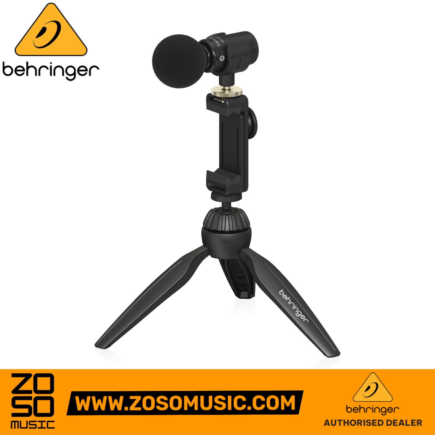 Zoso Music Behringer GO VIDEO KIT featuring a black condenser microphone on a tripod stand with smartphone clamp