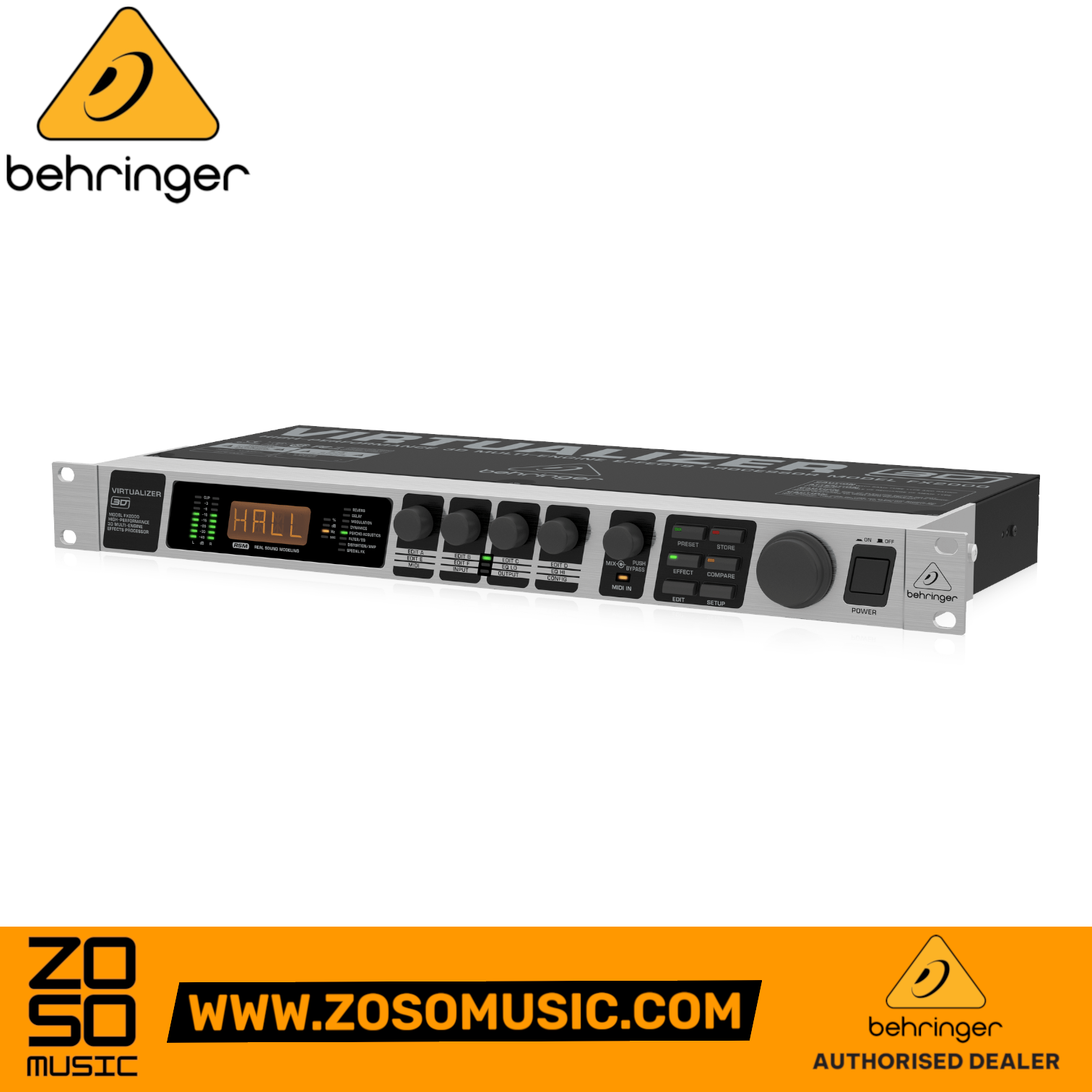 Zoso Music Behringer Virtualizer 3D FX2000 rackmount multi-effects processor with digital display and control knobs.
