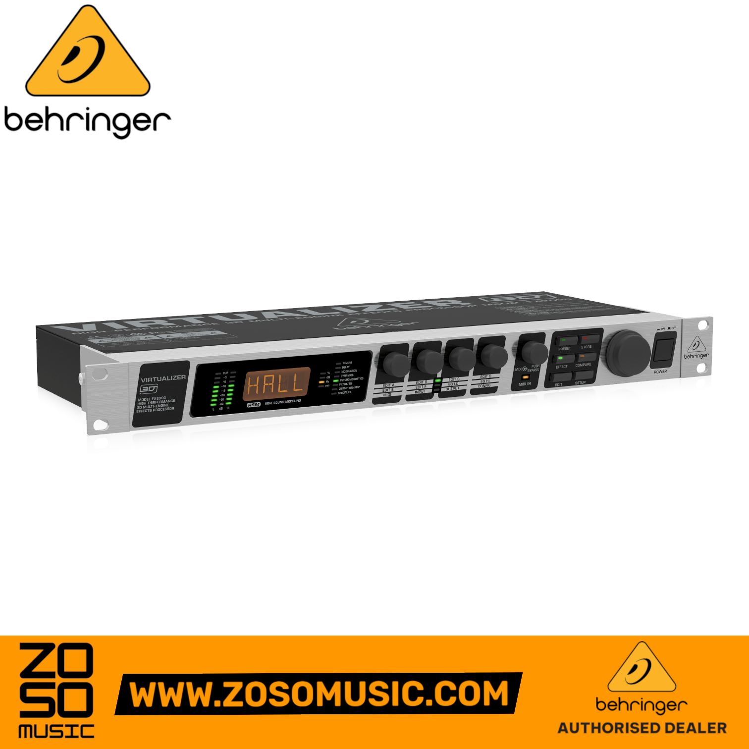 Zoso Music Behringer Virtualizer 3D FX2000 rackmount multi-effects processor with digital display and control knobs.