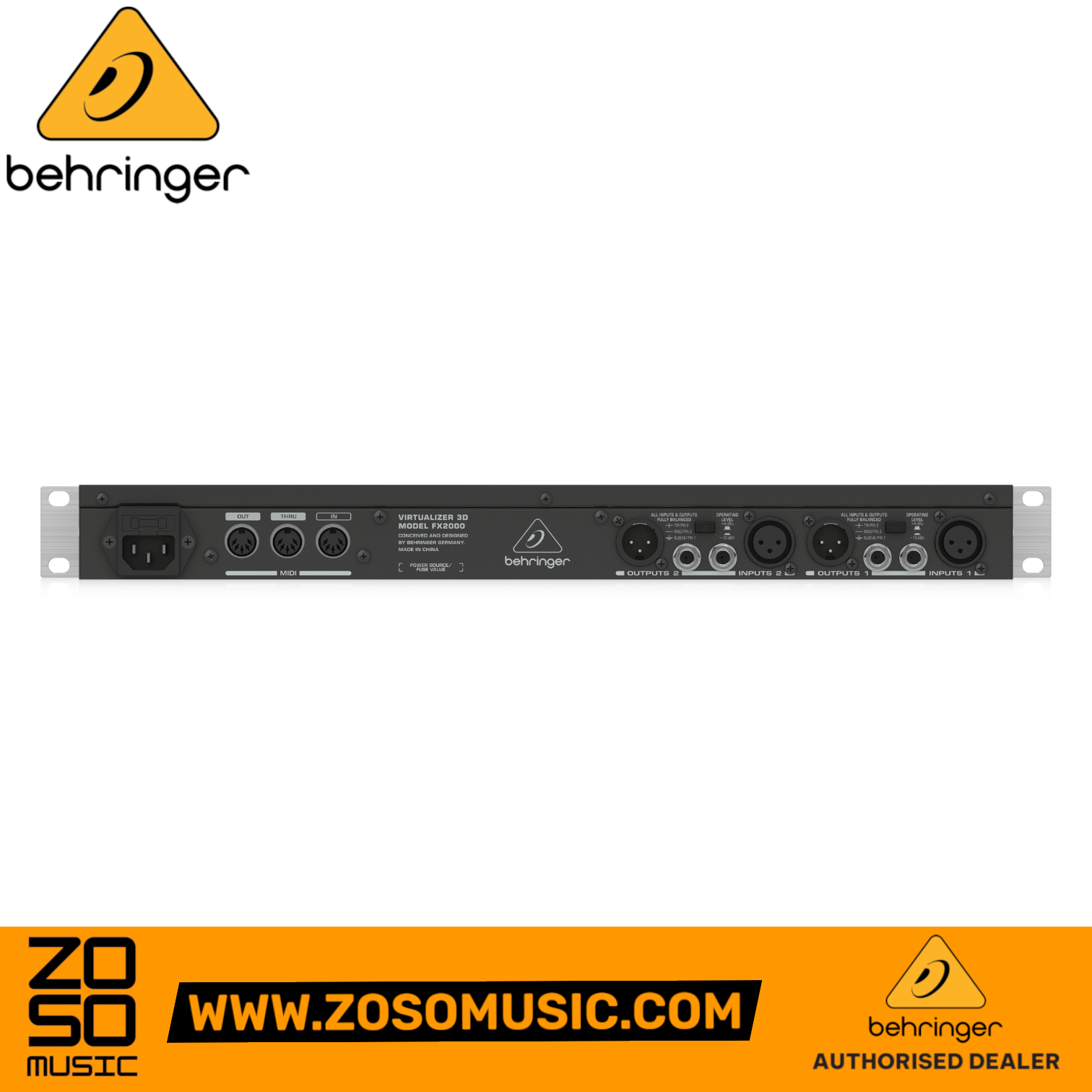 Zoso Music Behringer Virtualizer 3D FX2000 rackmount effects processor rear panel with XLR and MIDI ports