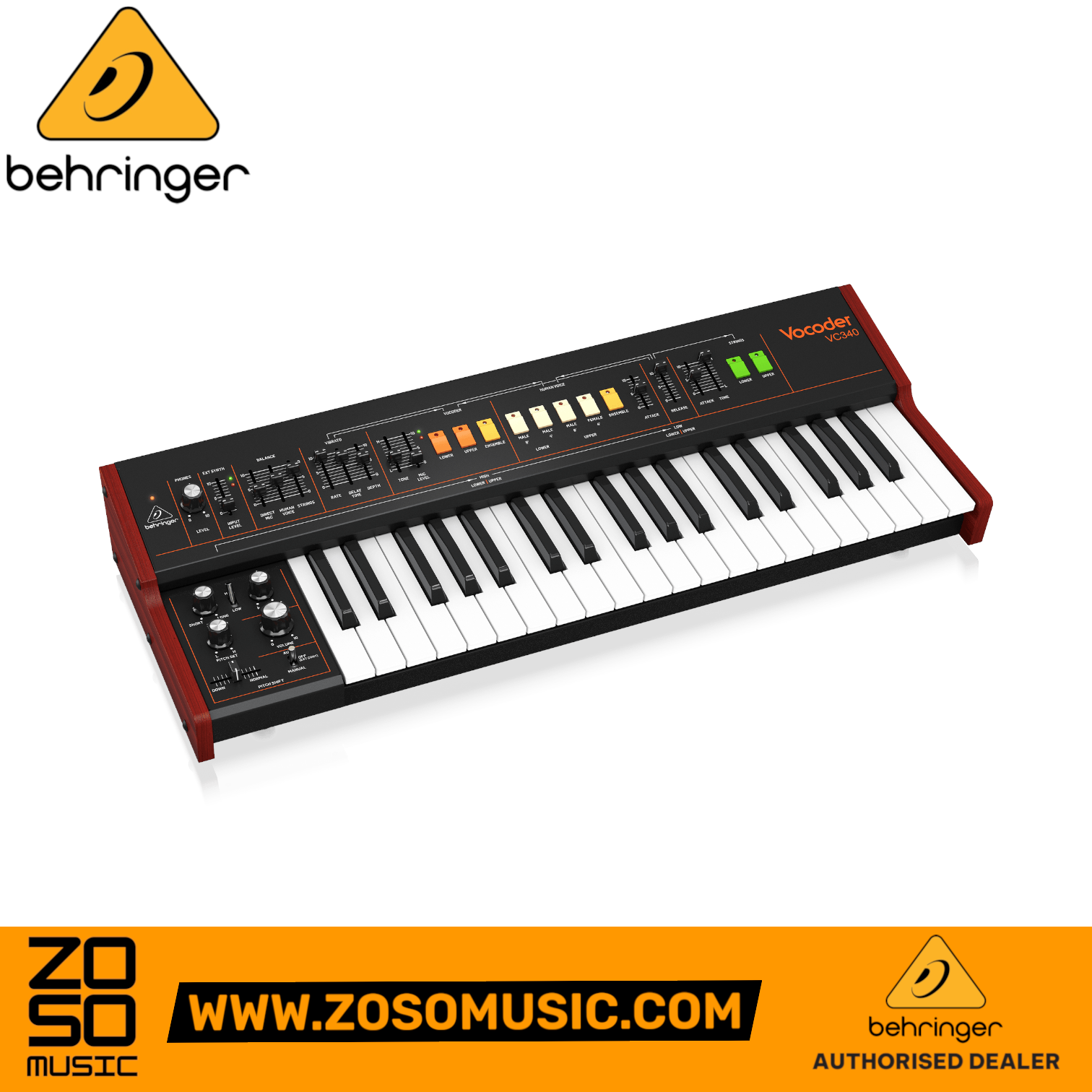 Zoso Music Behringer Vocoder VC340 37-key analog synthesizer with wood side panels and hands-on control interface