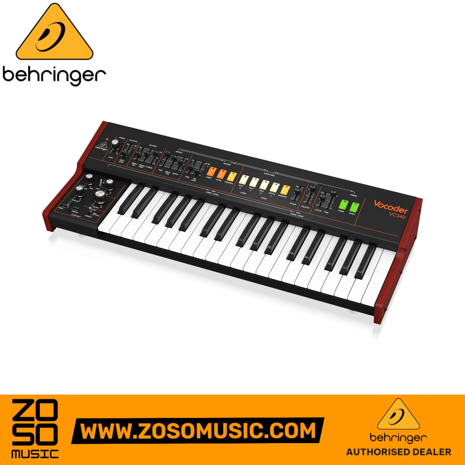 Zoso Music Behringer Vocoder VC340 37-key analog synthesizer with wood side panels and hands-on control interface