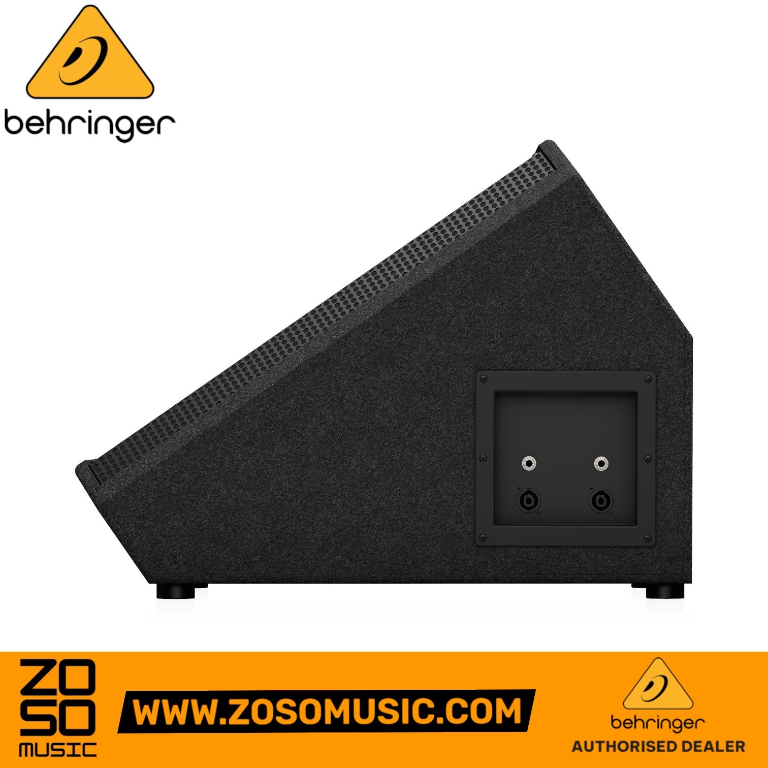 Zoso Music Behringer Eurolive VP-1220F passive stage monitor speaker side view showing input jacks and wedge design.