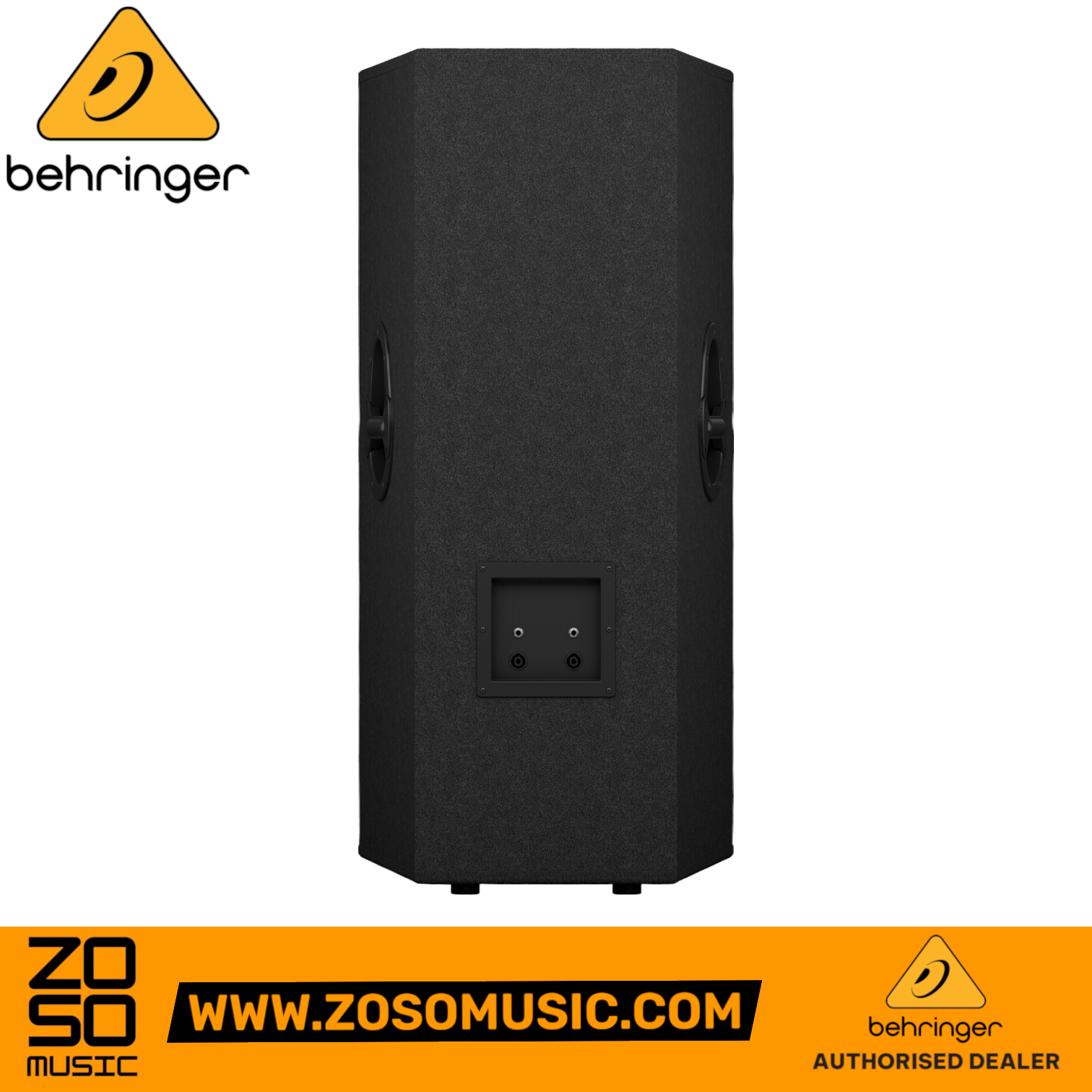 Zoso Music Behringer Eurolive VP2520 passive PA speaker rear view showing input jacks and recessed handles.