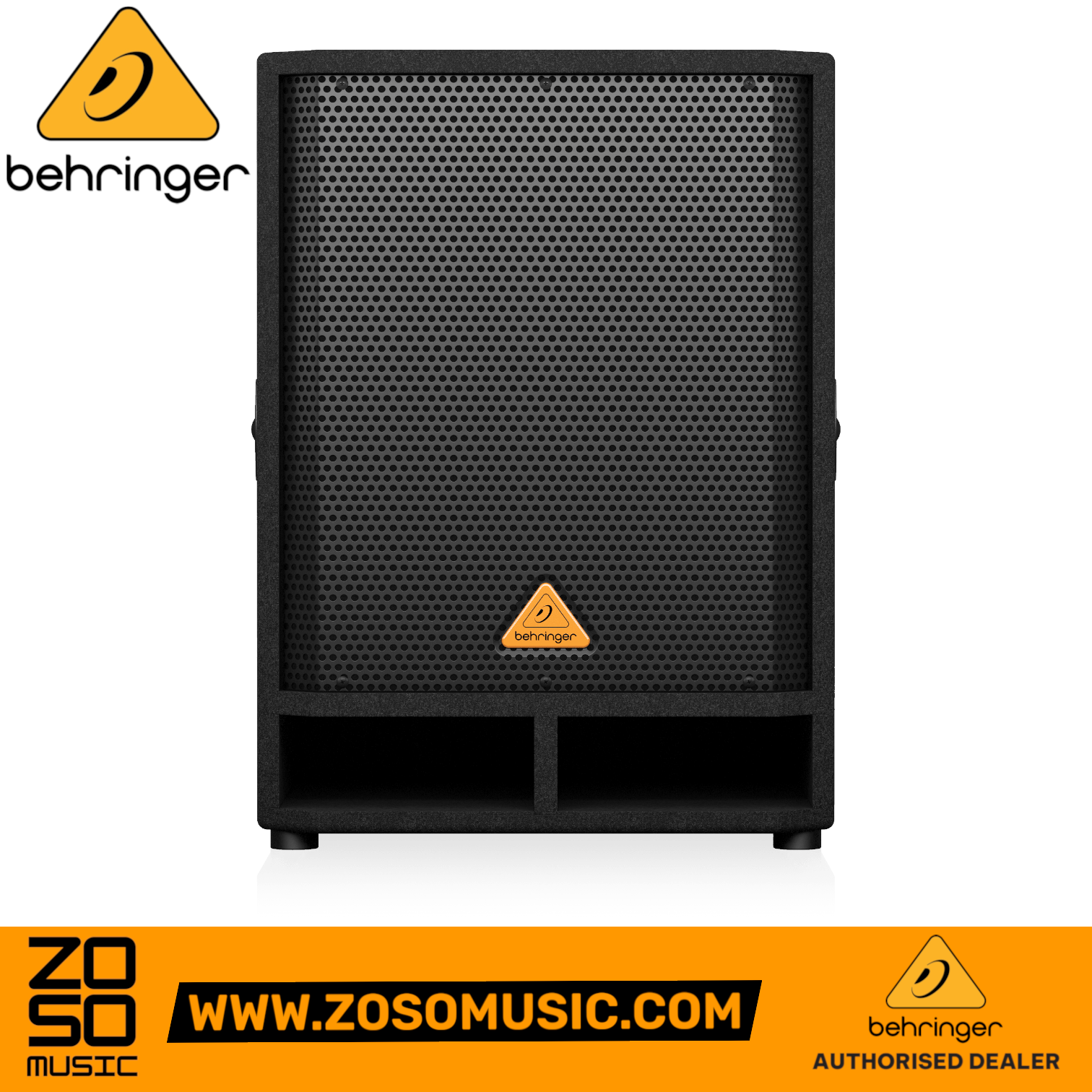 Zoso Music Behringer VQ-1500D 500W 15-inch powered PA subwoofer with black steel grille and front-facing bass port.