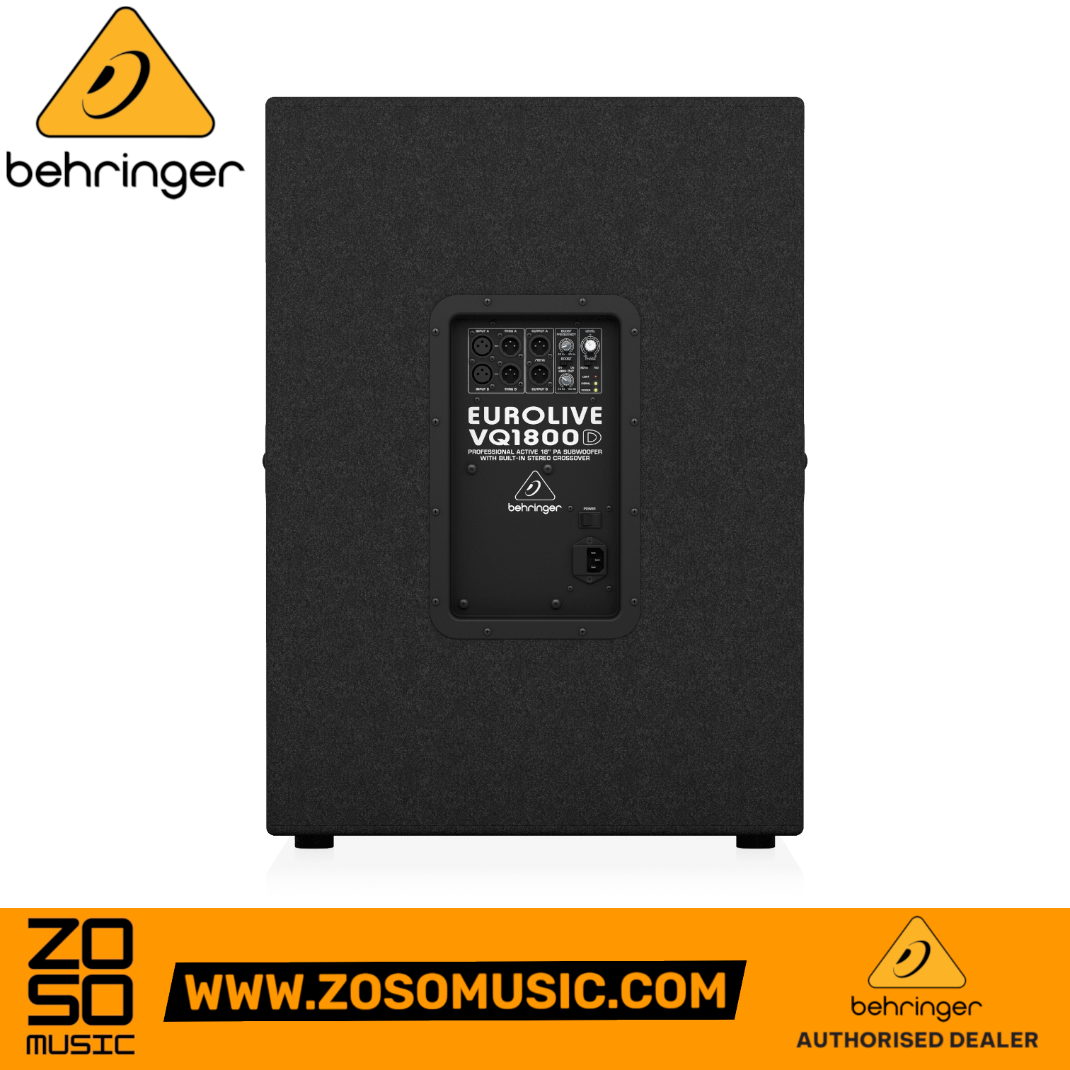 Zoso Music Behringer Eurolive VQ1800D 18-inch powered subwoofer rear panel view with input and output controls.
